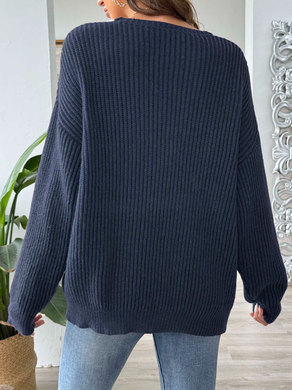 Contrast Dropped Shoulder Long Sleeve Sweater - The Goddess Galleries