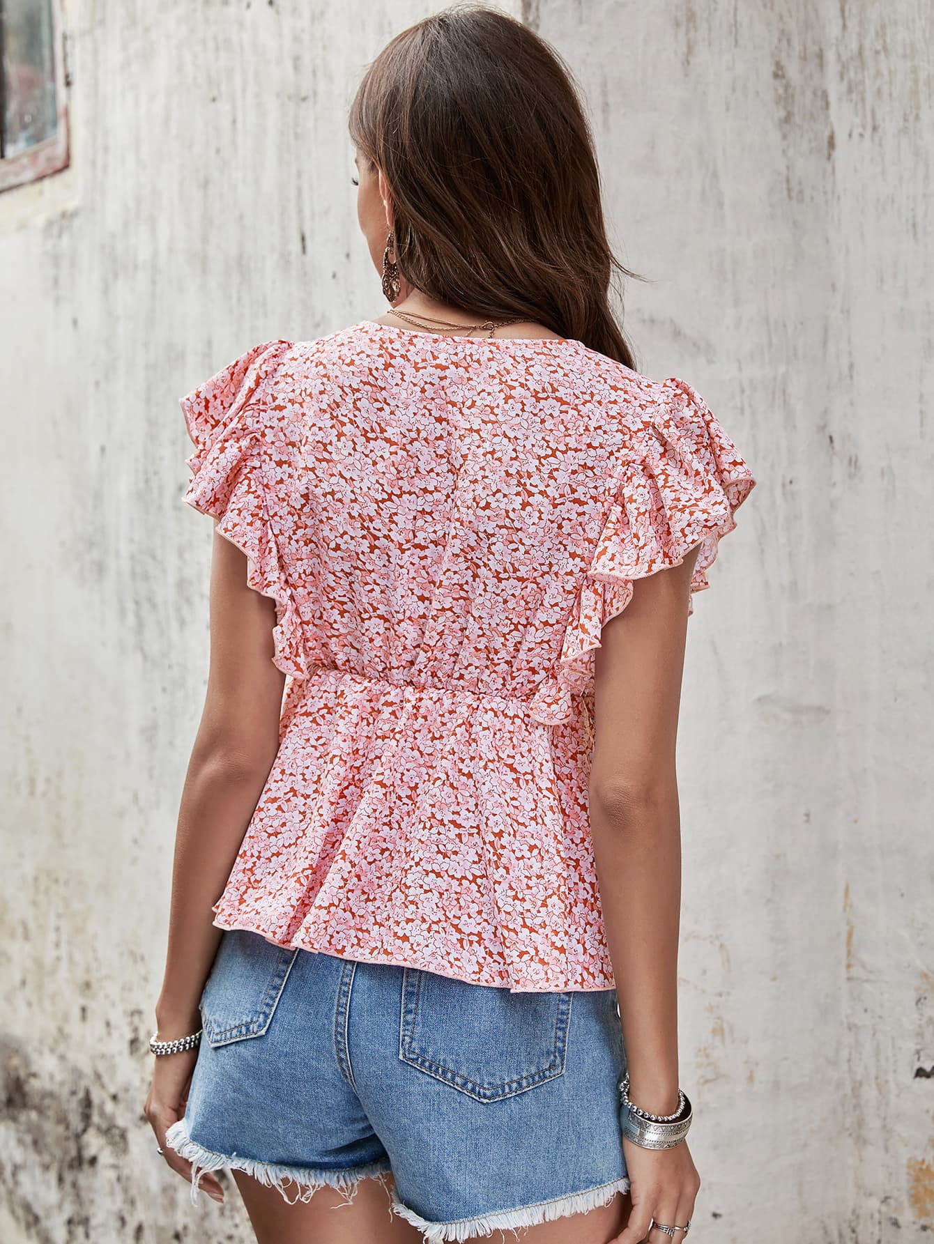 Honey Floral Butterfly Sleeve V-Neck Peplum Blouse - The Goddess Galleries