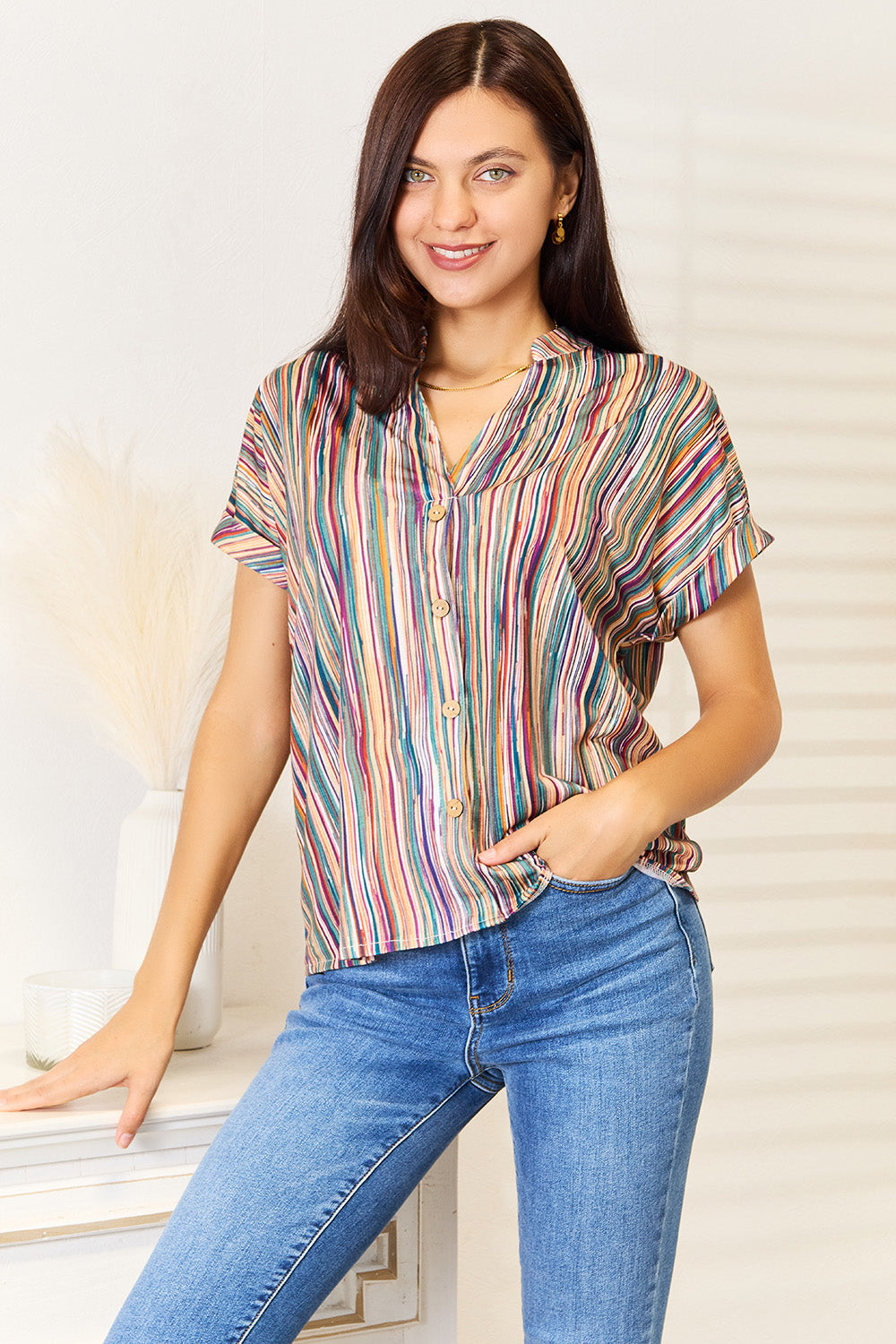 Shiny Multicolored Stripe Notched Neck Top - The Goddess Galleries