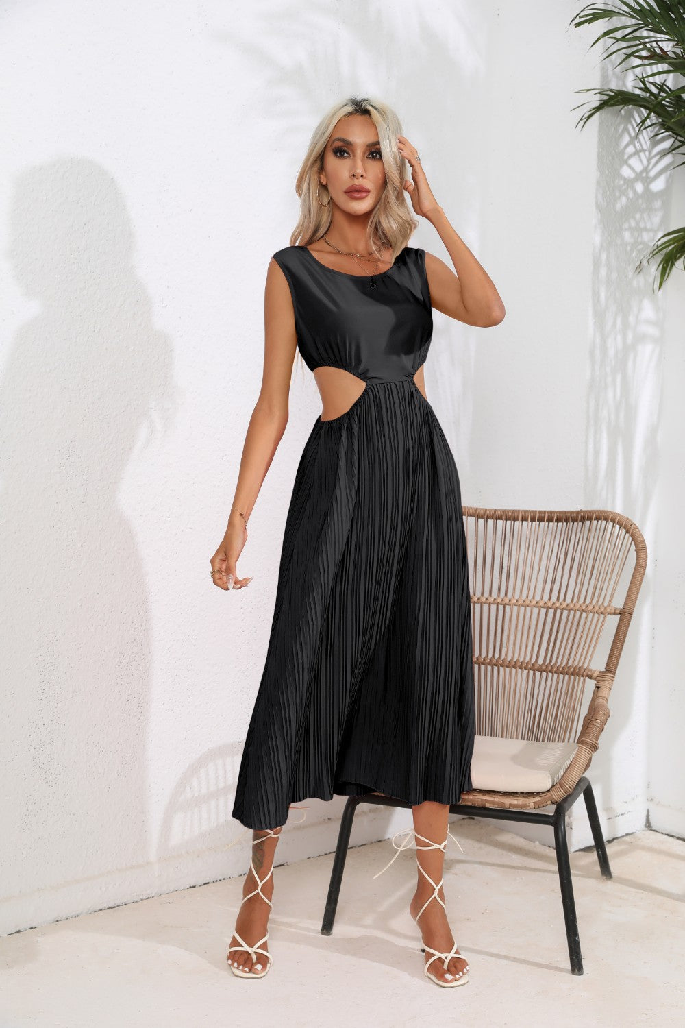 Cutout Ruched Round Neck Tank Dress - The Goddess Galleries