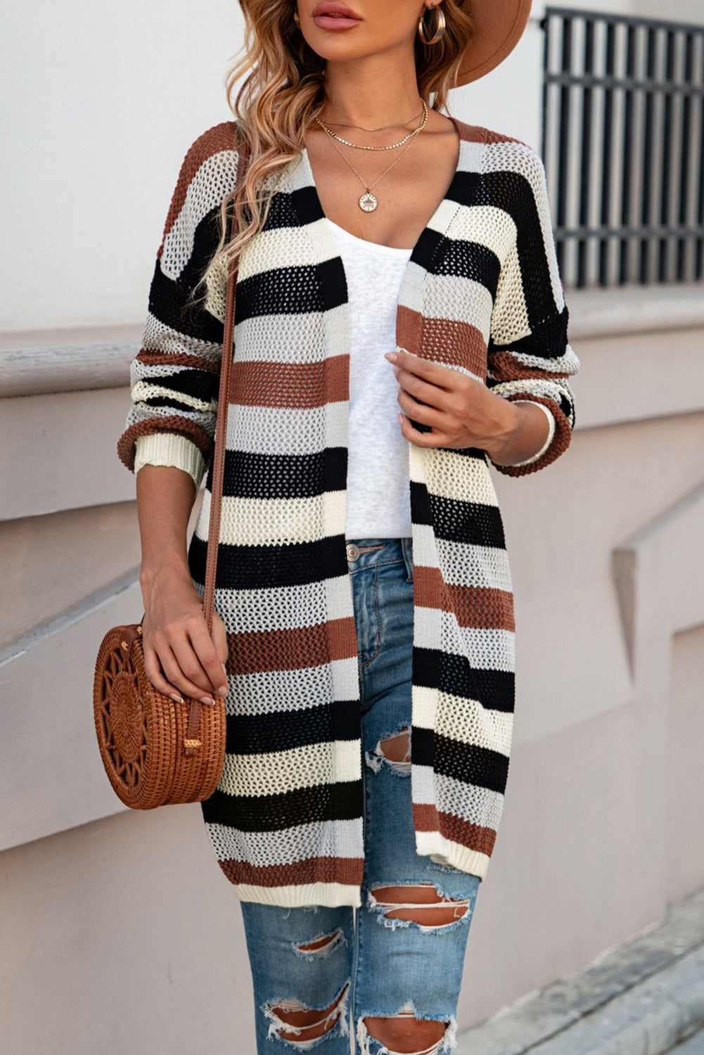 Full Size Striped Long Sleeve Openwork Cardigan - The Goddess Galleries