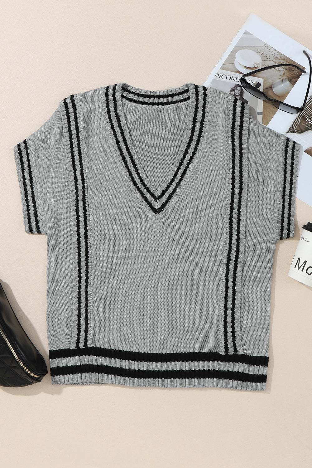 Striped Trim V-Neck Sweater Vest - The Goddess Galleries