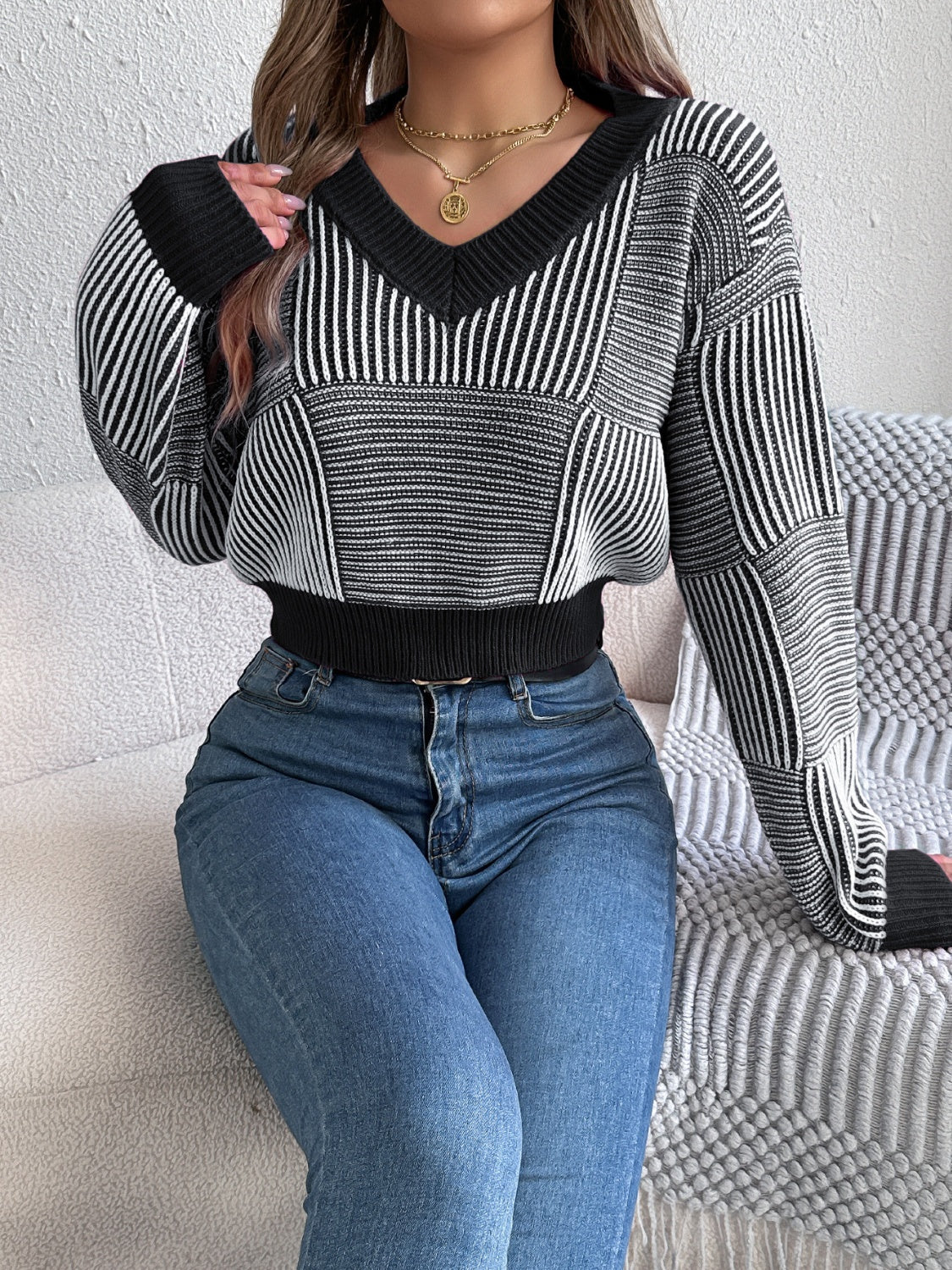 Striped V-Neck Long Sleeve Sweater - The Goddess Galleries