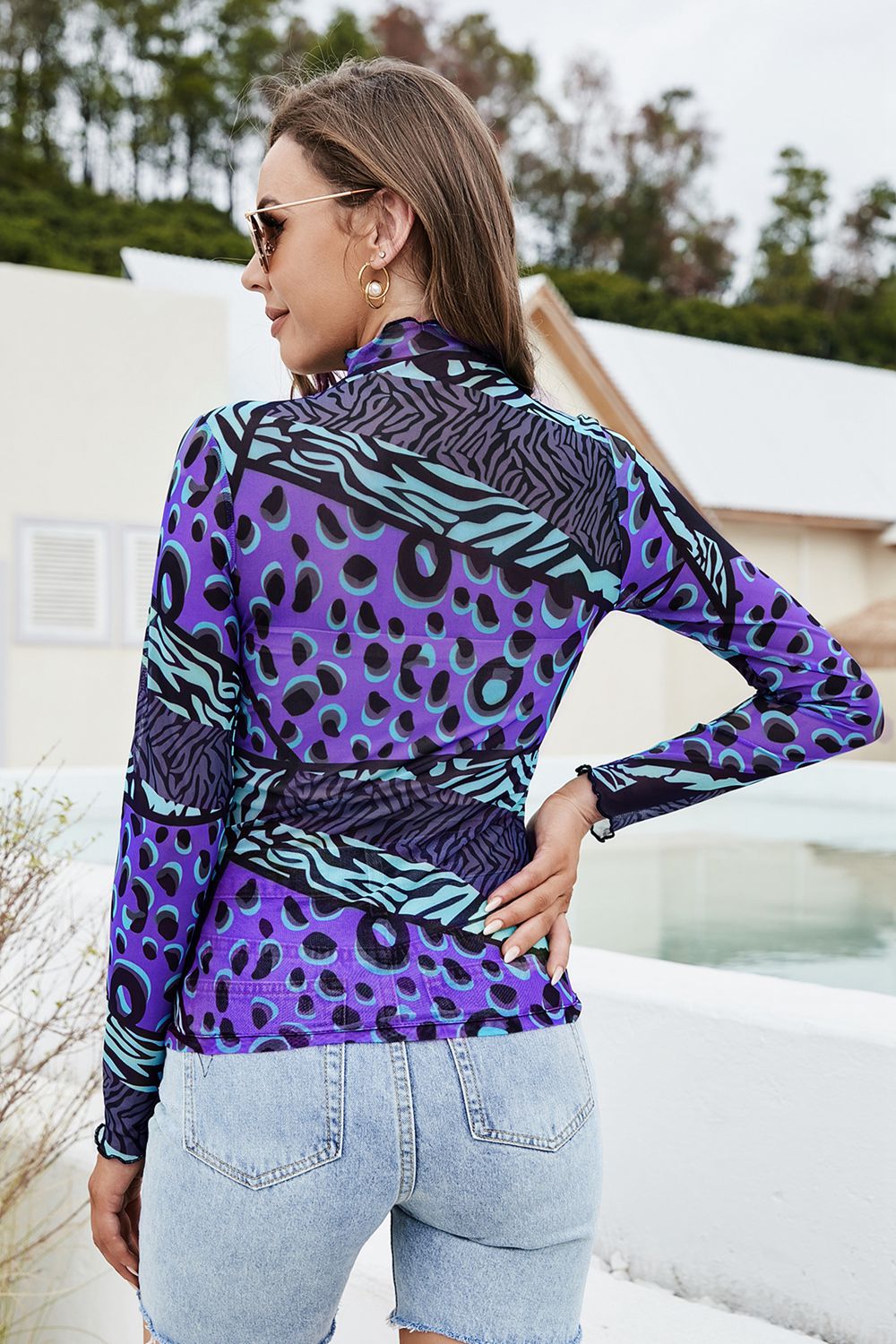 Printed Mock Neck Long Sleeve Blouse - The Goddess Galleries