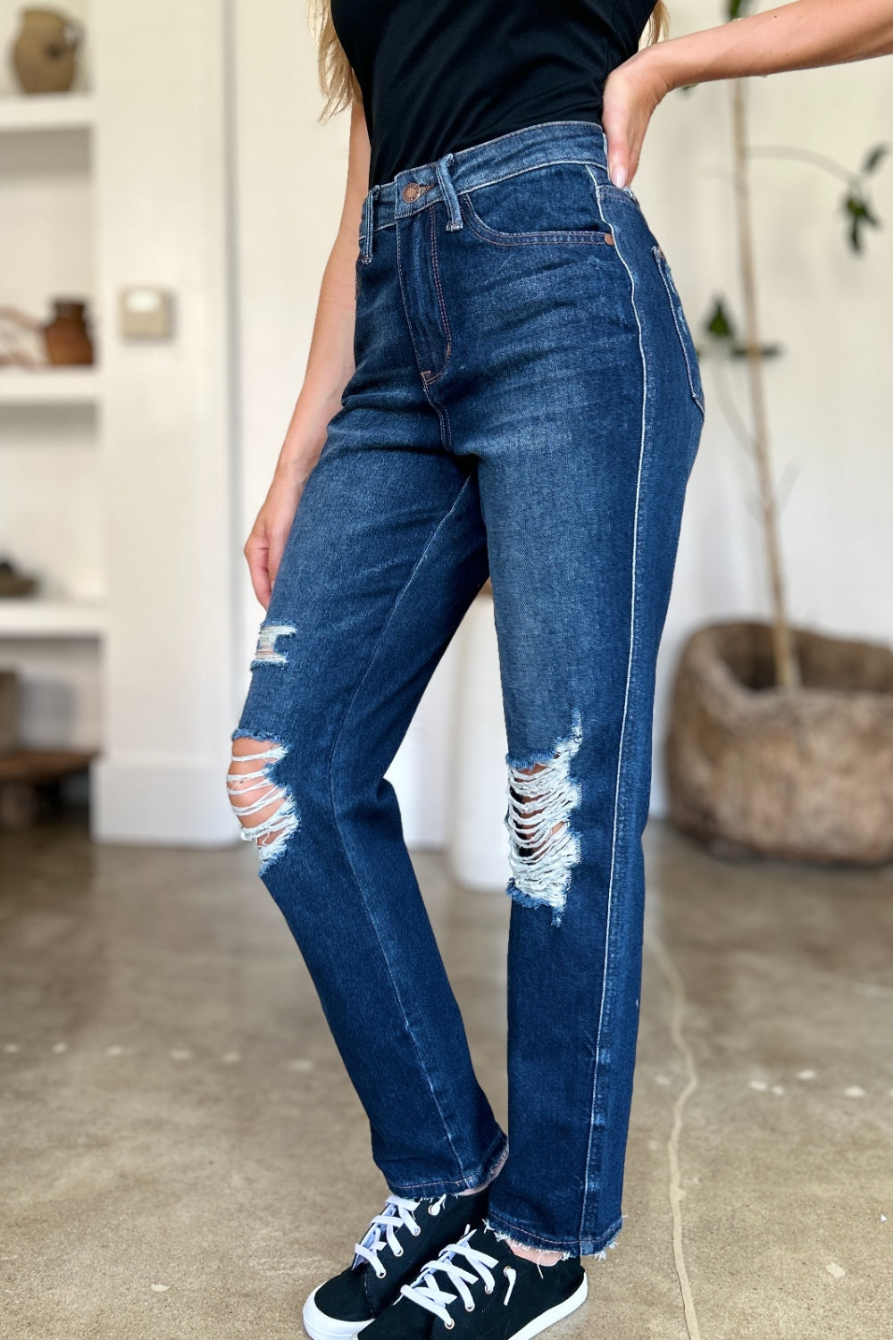 Judy Blue Full Size High Waist Rigid Magic Heavy Destroy Straight Jeans - The Goddess Galleries