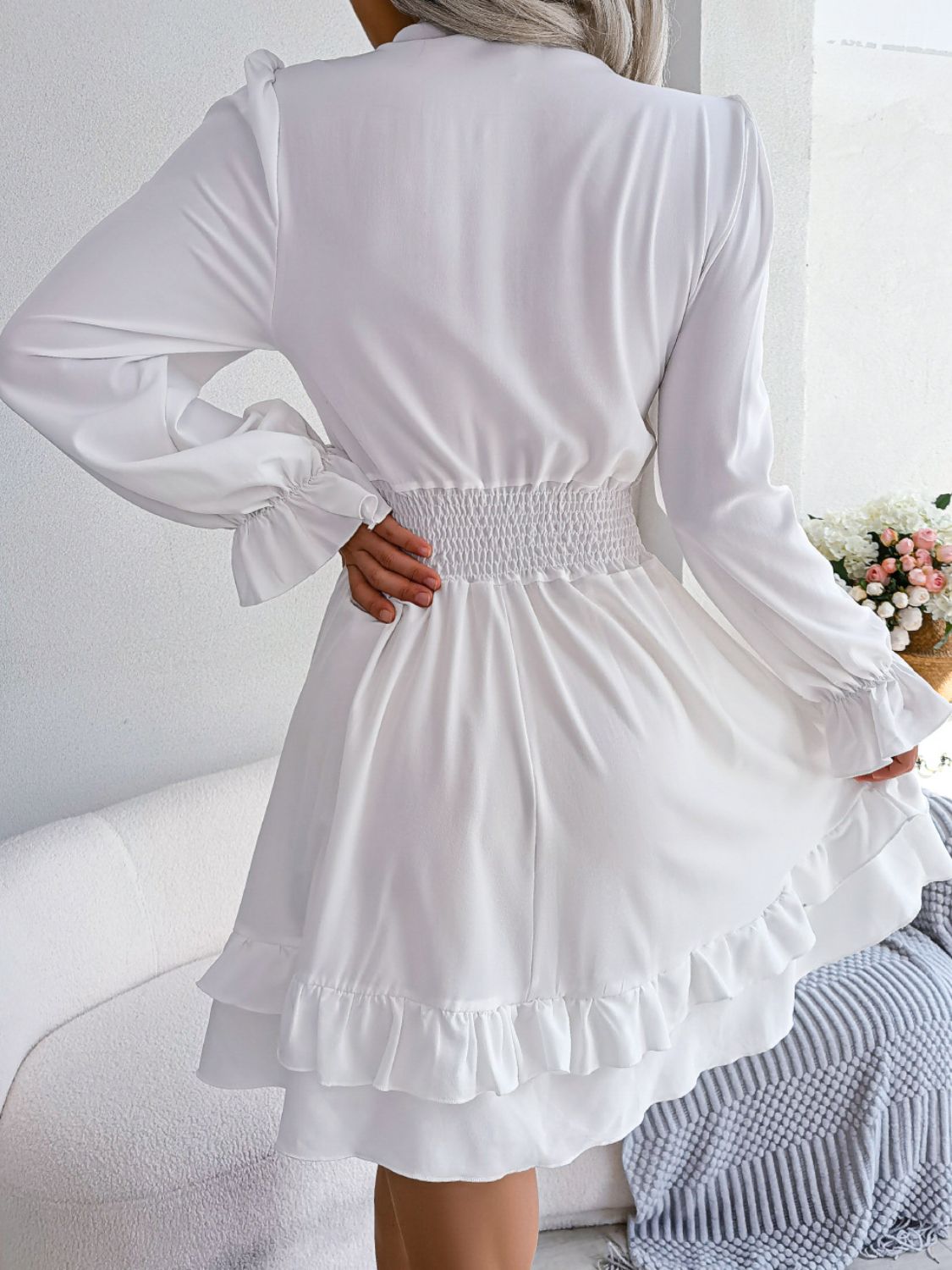 Tie Front Smocked Waist Flounce Sleeve Dress - The Goddess Galleries