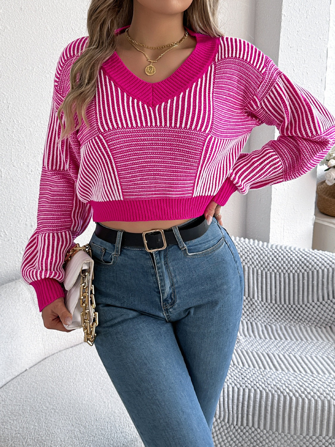 Striped V-Neck Long Sleeve Sweater - The Goddess Galleries