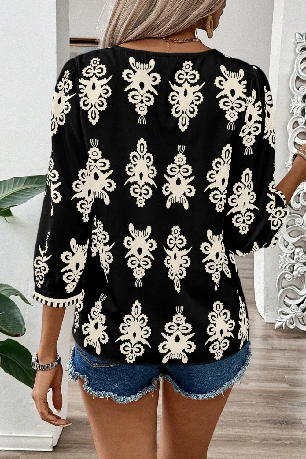 Printed V-Neck Three-Quarter Sleeve Blouse - The Goddess Galleries
