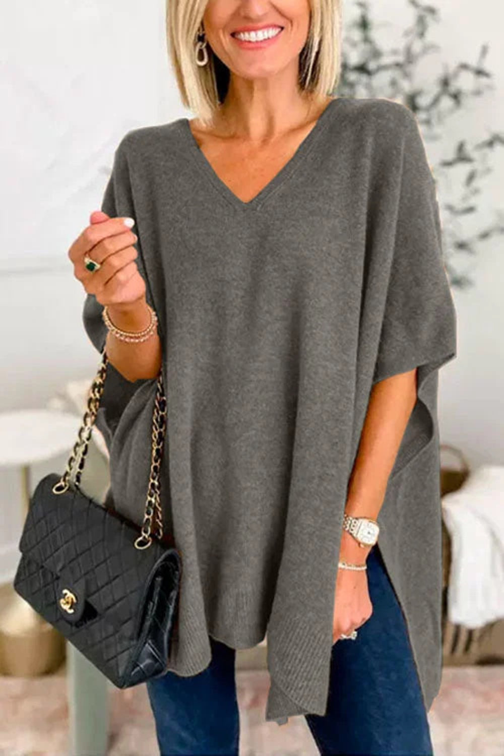 Slit V-Neck Half Sleeve Knit Top - The Goddess Galleries
