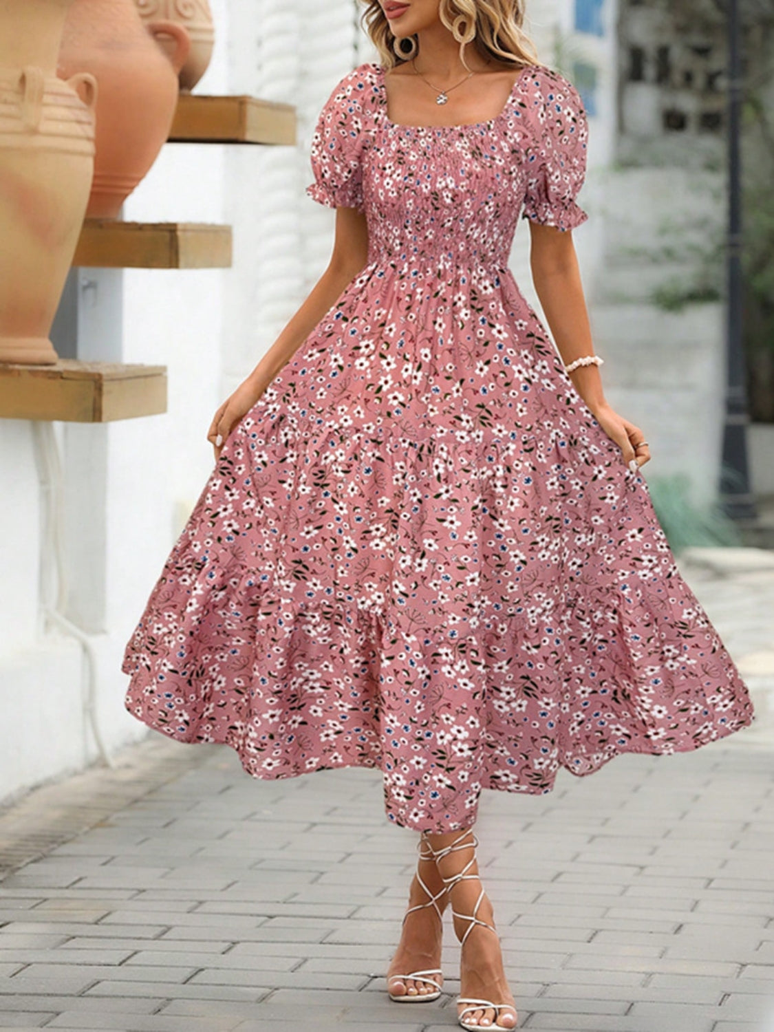 Floral Square Neck Short Sleeve Tiered Dress - The Goddess Galleries