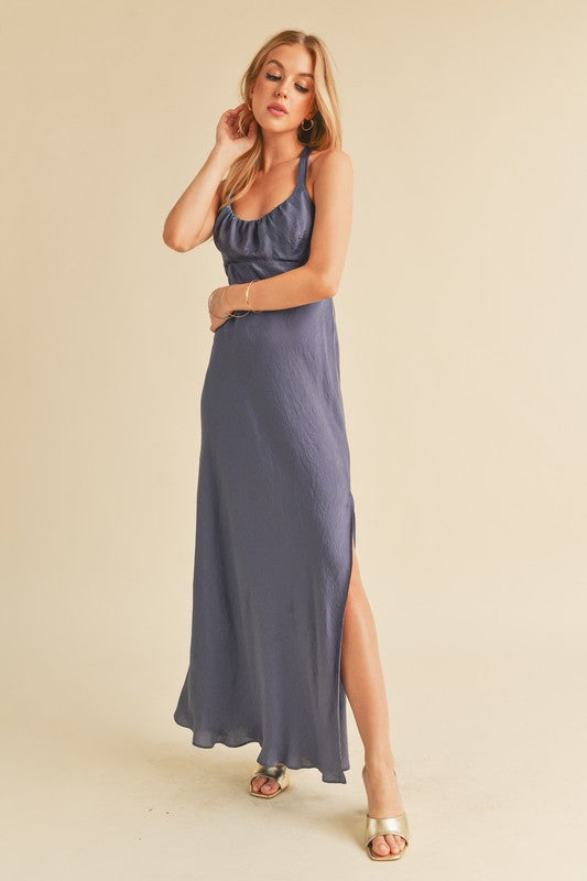 Aemi + Co Ruched Side Slit Cutout Back Maxi Cami Dress - The Goddess Galleries