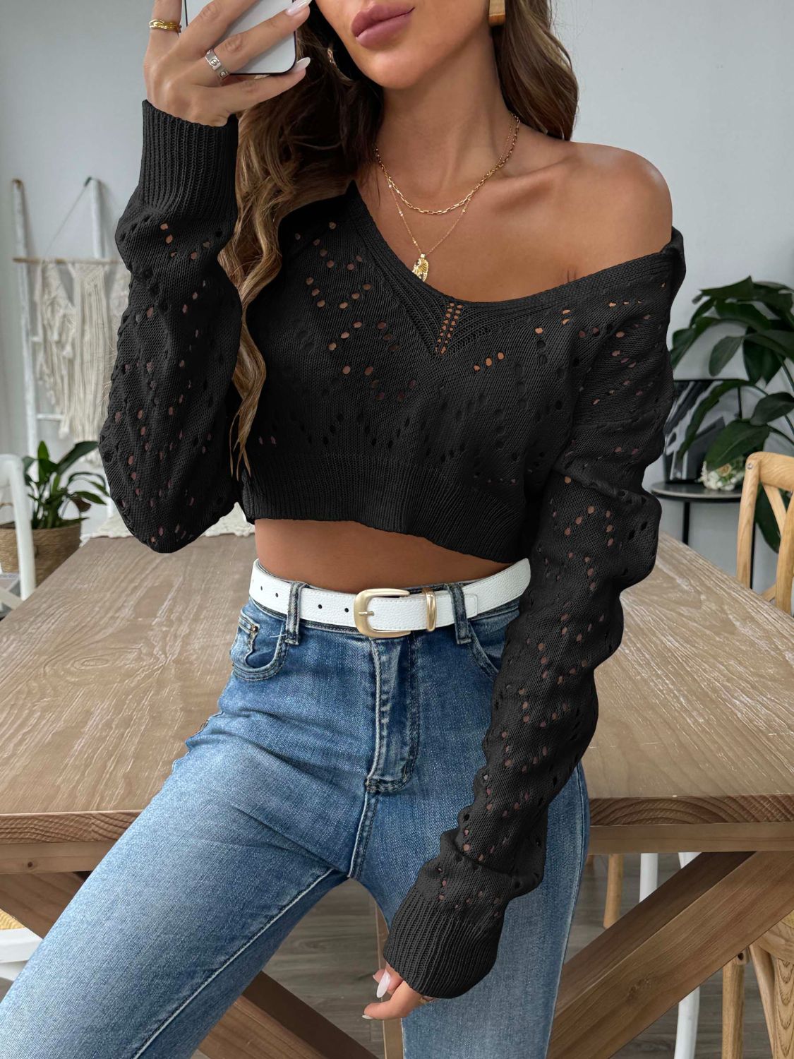 Openwork Collared Neck Long Sleeve Knit Top - The Goddess Galleries