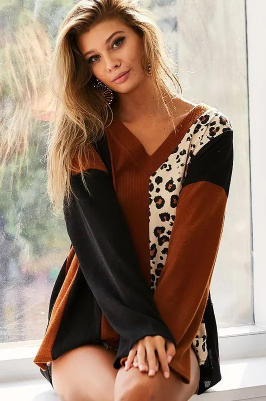 BiBi Brushed Thermal Color Block Top With Leopard - The Goddess Galleries