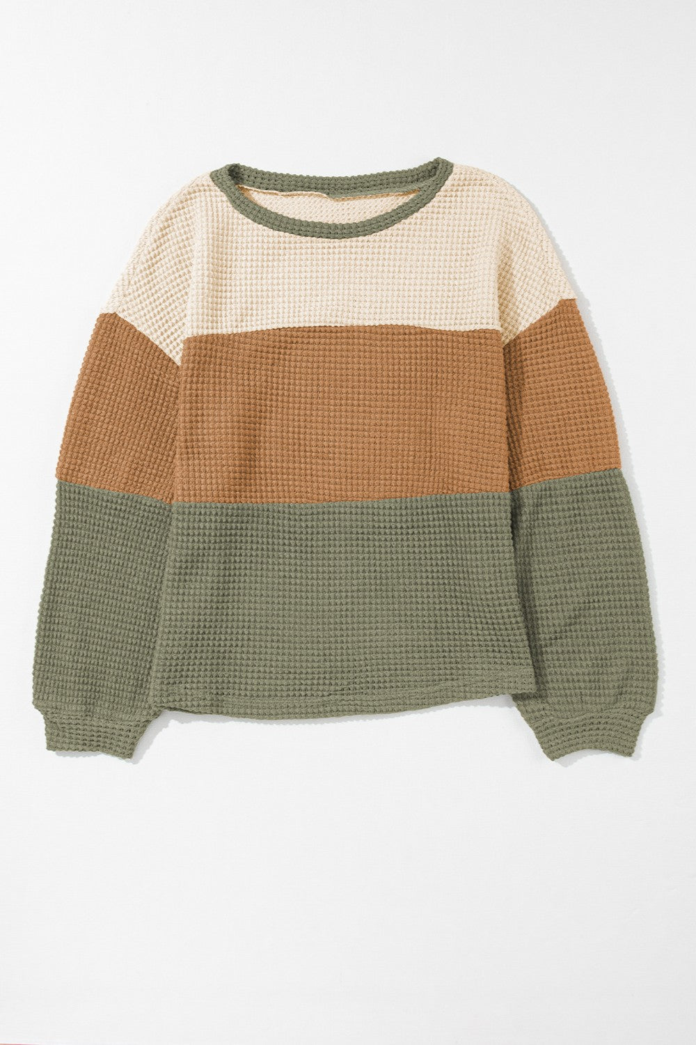 Waffle-Knit Color Block Round Neck Long Sleeve Blouse - The Goddess Galleries