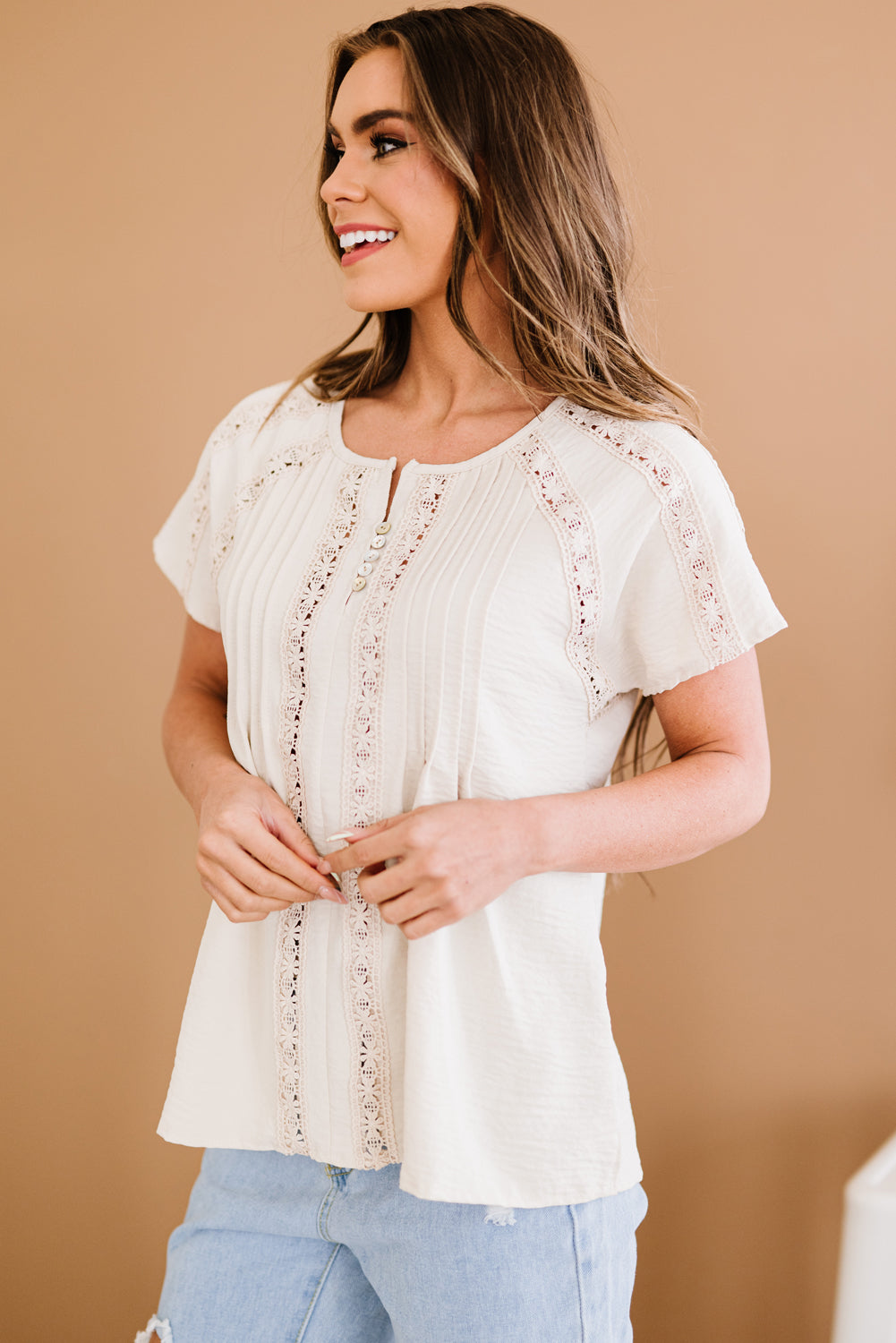 Crochet Eyelet Buttoned Short Sleeves Top - The Goddess Galleries
