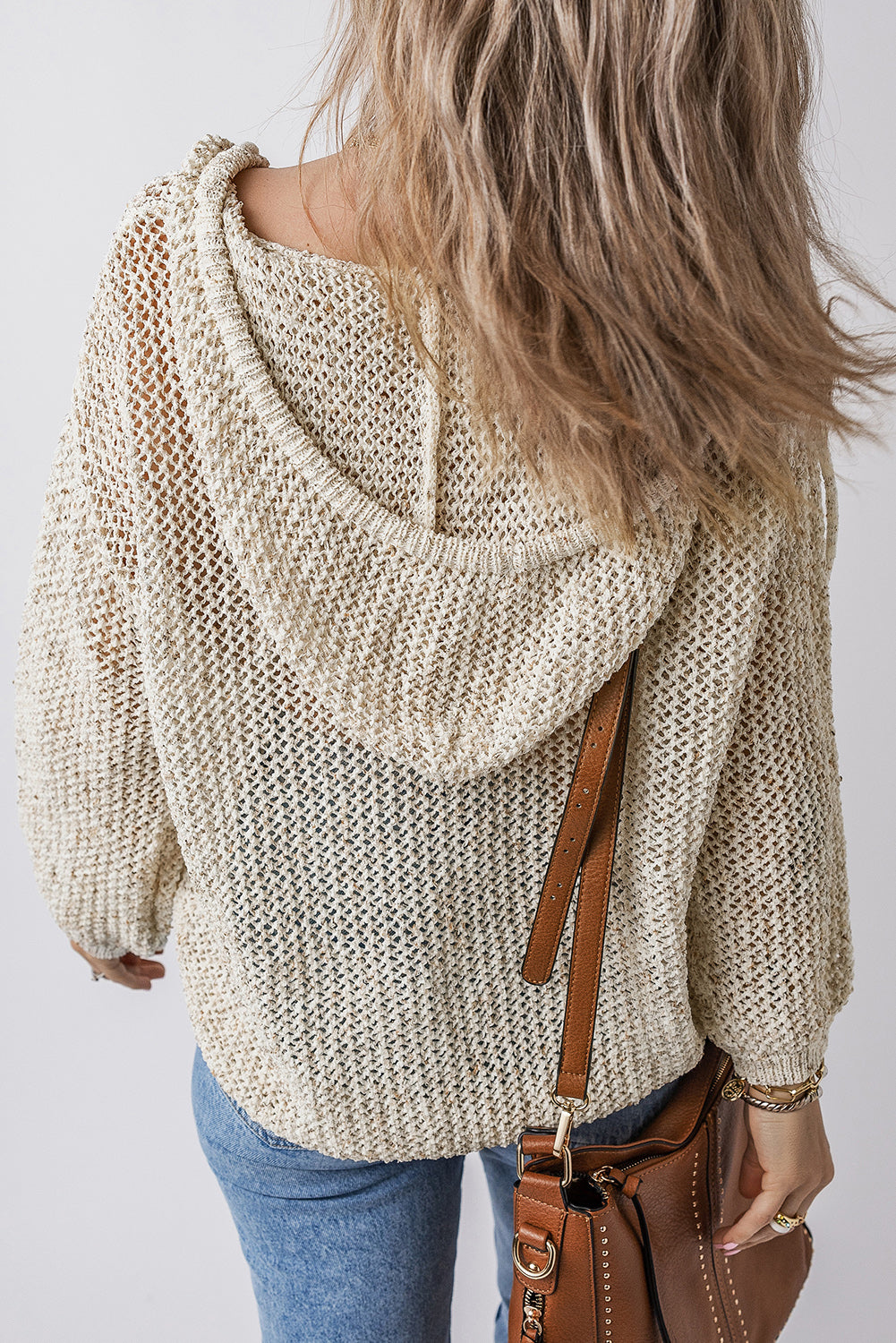 Openwork Dropped Shoulder Hooded Knit Top - The Goddess Galleries
