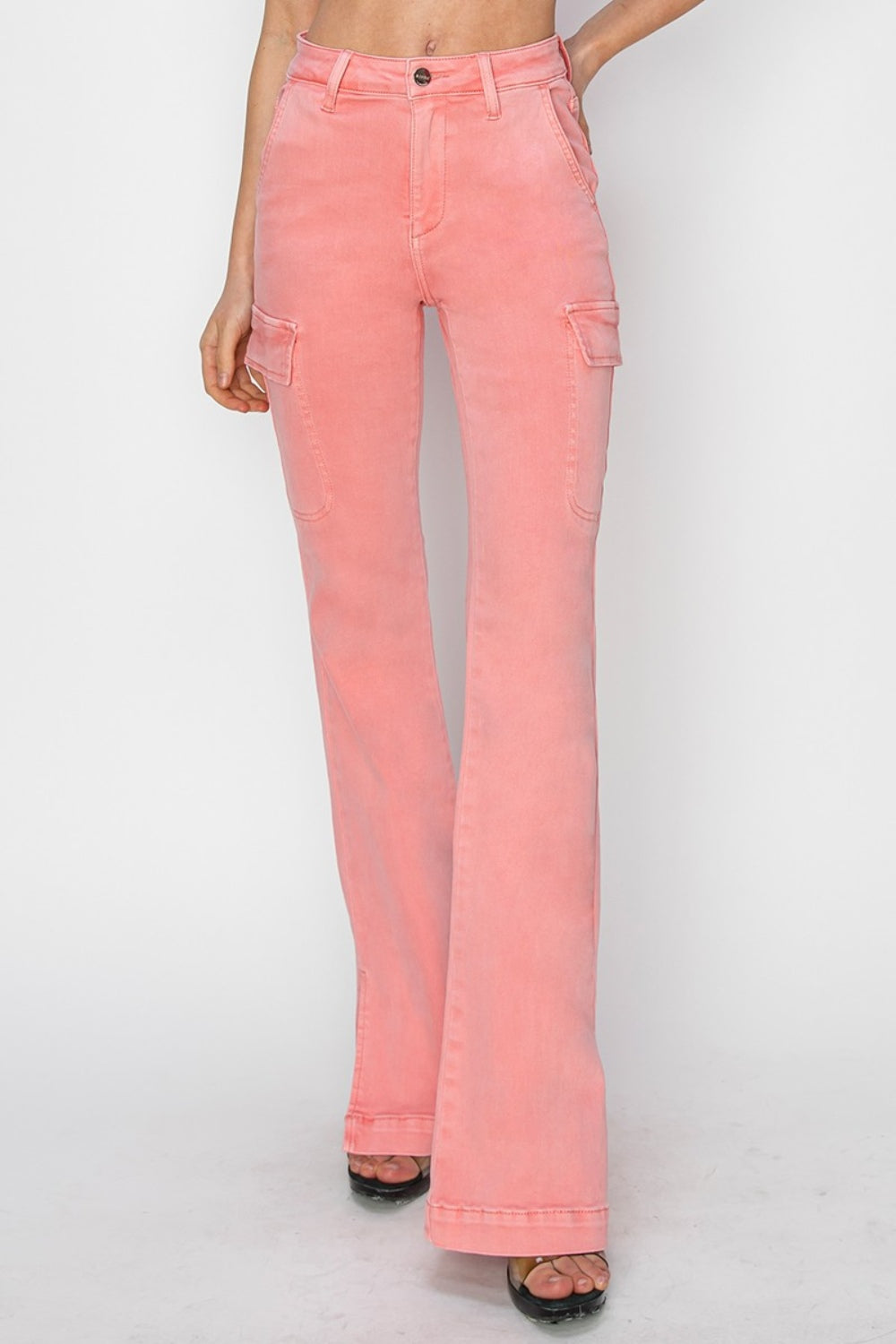 RISEN Full Size High Rise Side Slit Cargo Bootcut Jeans - The Goddess Galleries