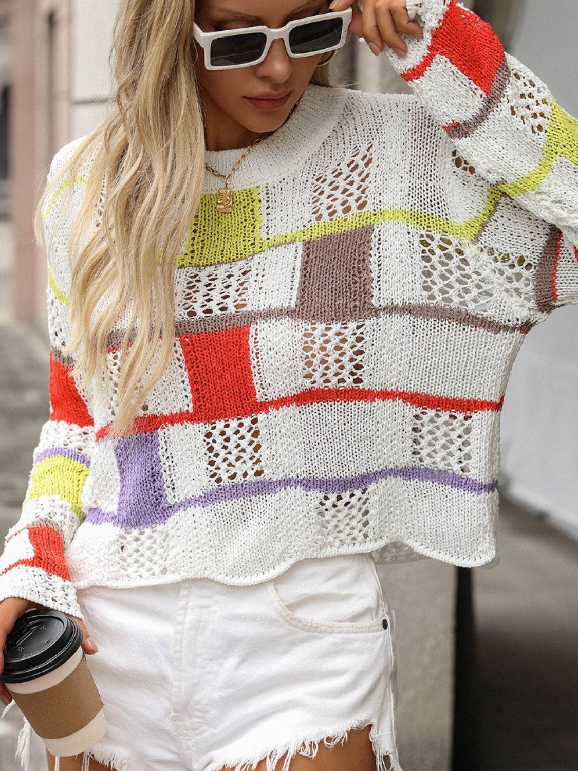 Openwork Color Block Round Neck Sweater - The Goddess Galleries
