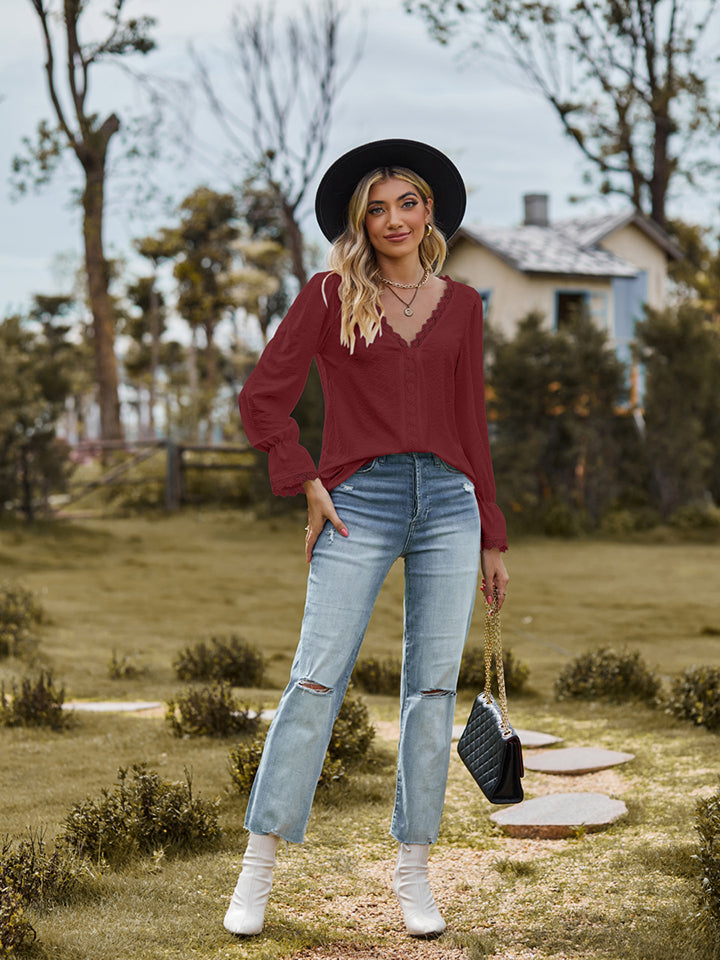 V-Neck Flounce Sleeve Blouse - The Goddess Galleries