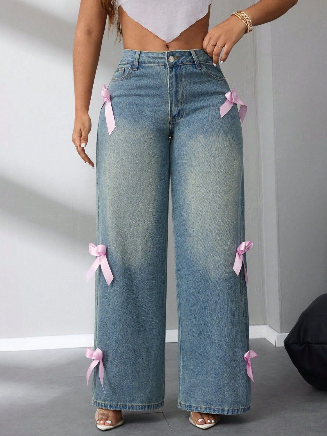 Bow High Rise Wide Leg Jeans - The Goddess Galleries
