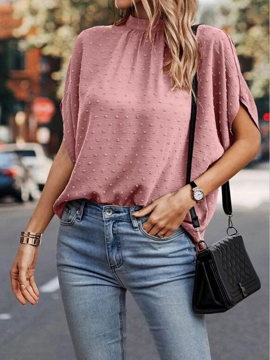 Swiss Dot Mock Neck Half Sleeve Blouse - The Goddess Galleries