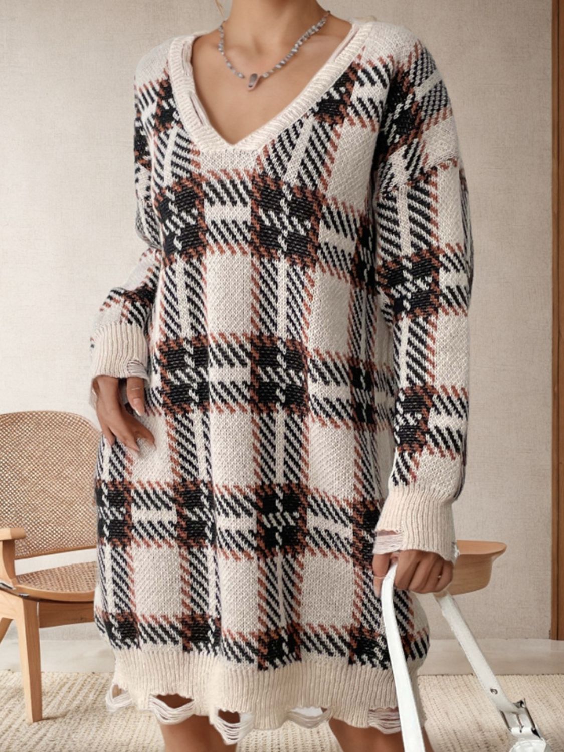 Distressed Plaid V-Neck Long Sleeve Sweater Dress - The Goddess Galleries