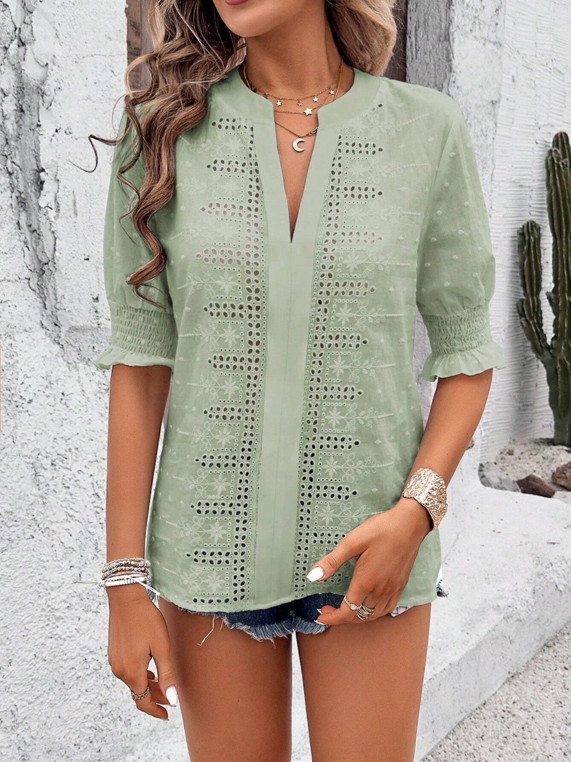 Eyelet Notched Flounce Sleeve Blouse - The Goddess Galleries