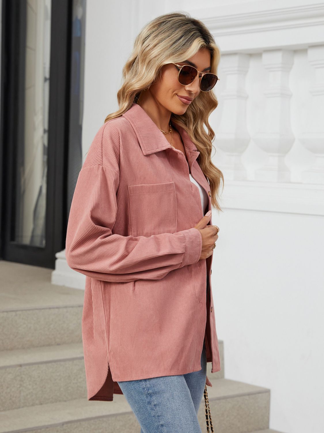 Button Up Long Sleeve Shirt with Breast Pockets - The Goddess Galleries