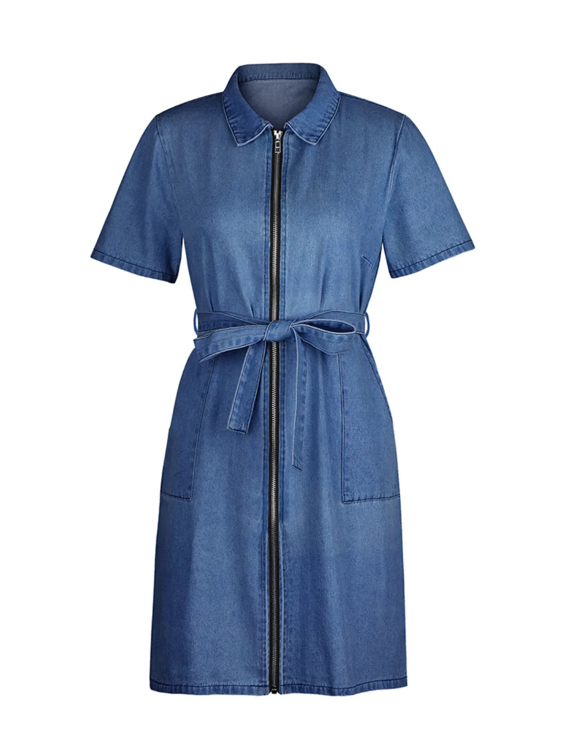 Full Size Zip Front Short Sleeve Denim Dress Plus Size - The Goddess Galleries