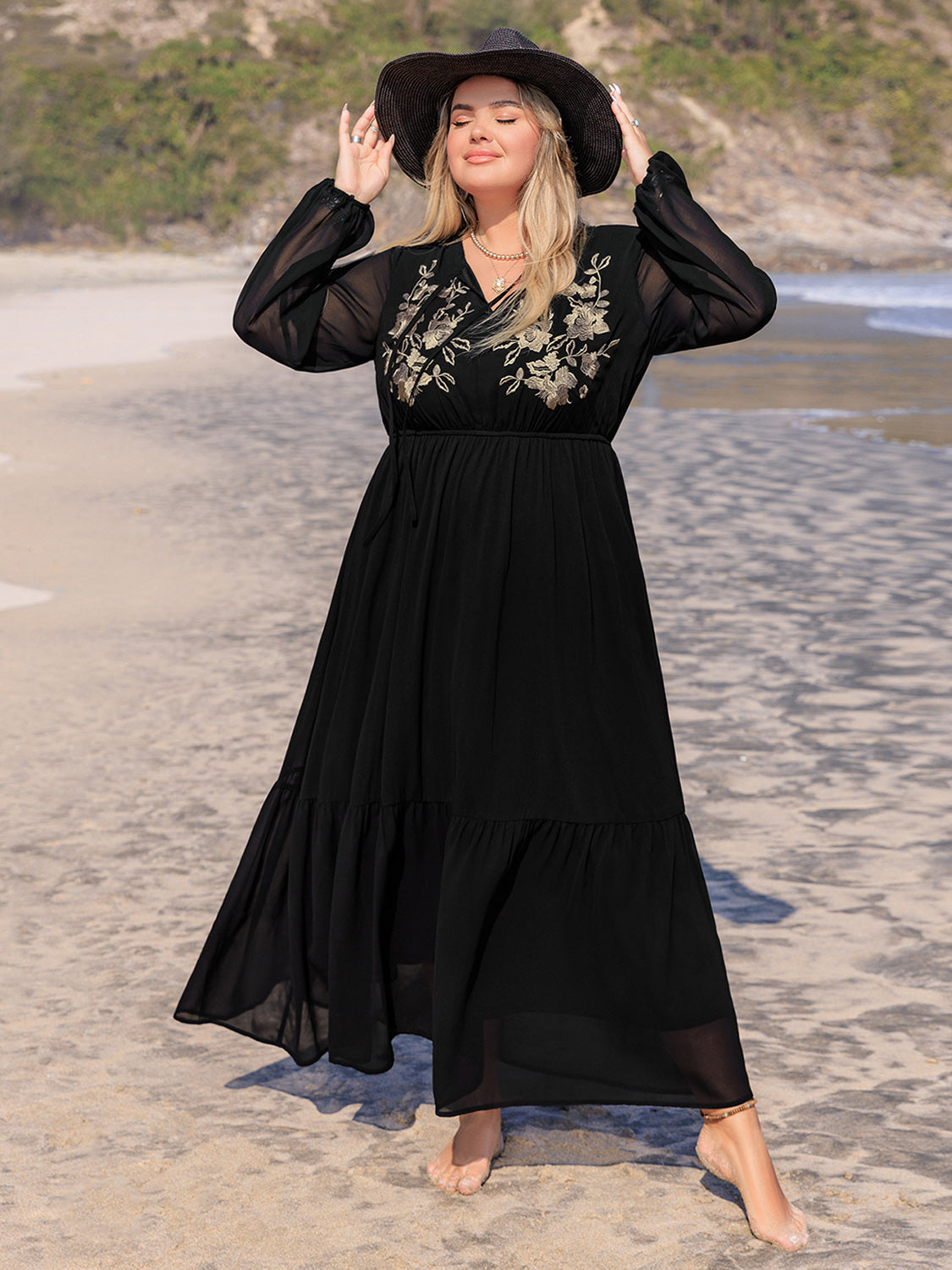 Plus Size Embroidered Tie Neck Long Sleeve Dress - The Goddess Galleries