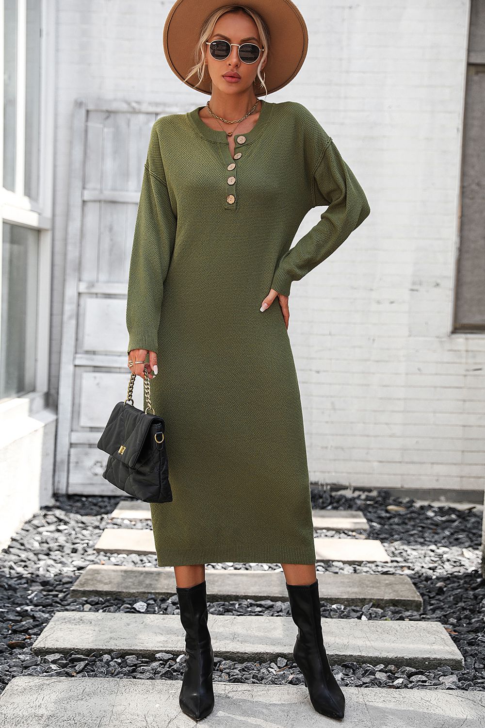 Decorative Button Notched Dropped Shoulder Sweater Dress - The Goddess Galleries