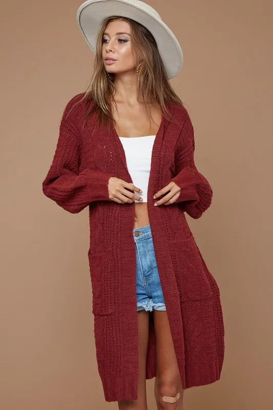 BiBi Cable-Knit Open Front Long Sleeve Cardigan - The Goddess Galleries