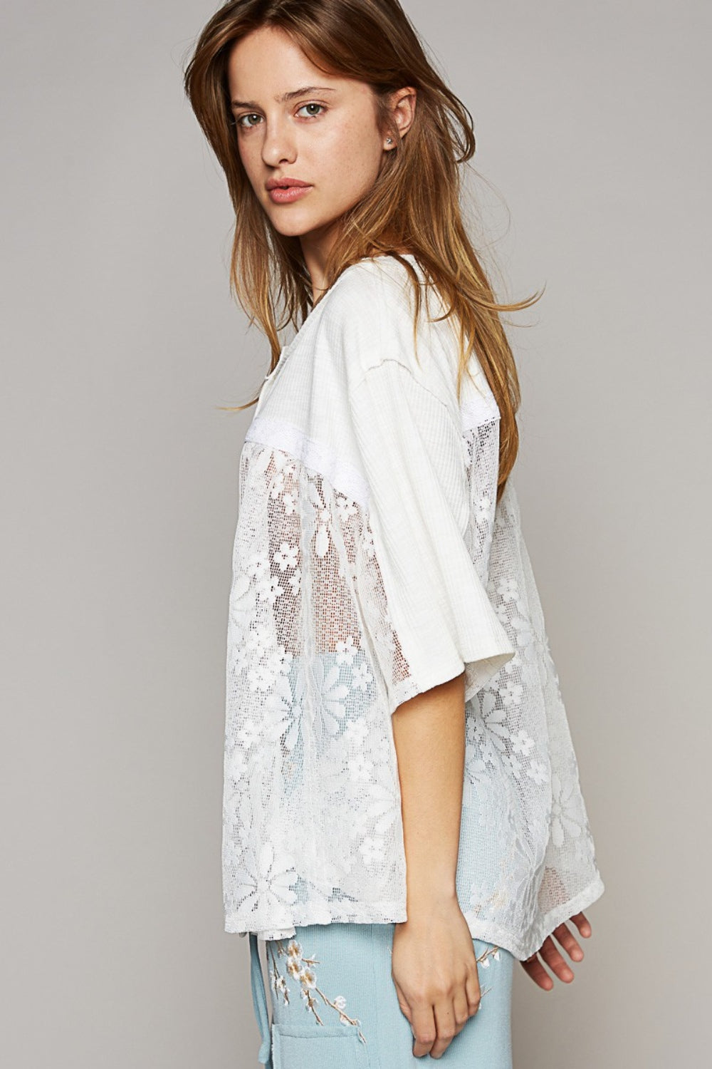 POL Round Neck Short Sleeve Lace Top - The Goddess Galleries