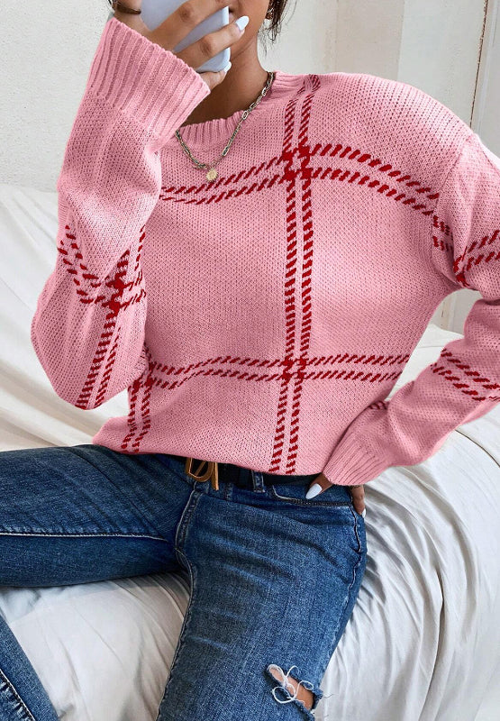 Contrast Round Neck Long Sleeve Sweater - The Goddess Galleries