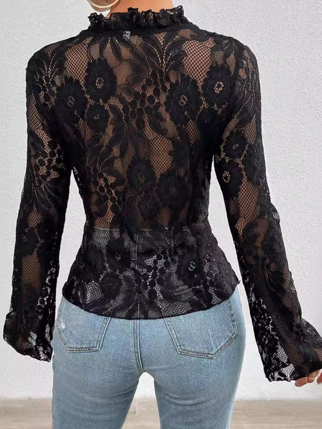Tied V-Neck Long Sleeve Lace Top - The Goddess Galleries