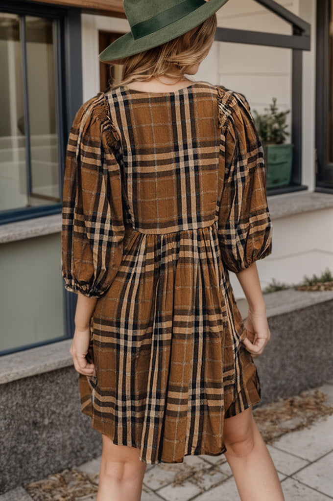 Plus Size Plaid V-Neck Balloon Sleeve Mini Dress - The Goddess Galleries