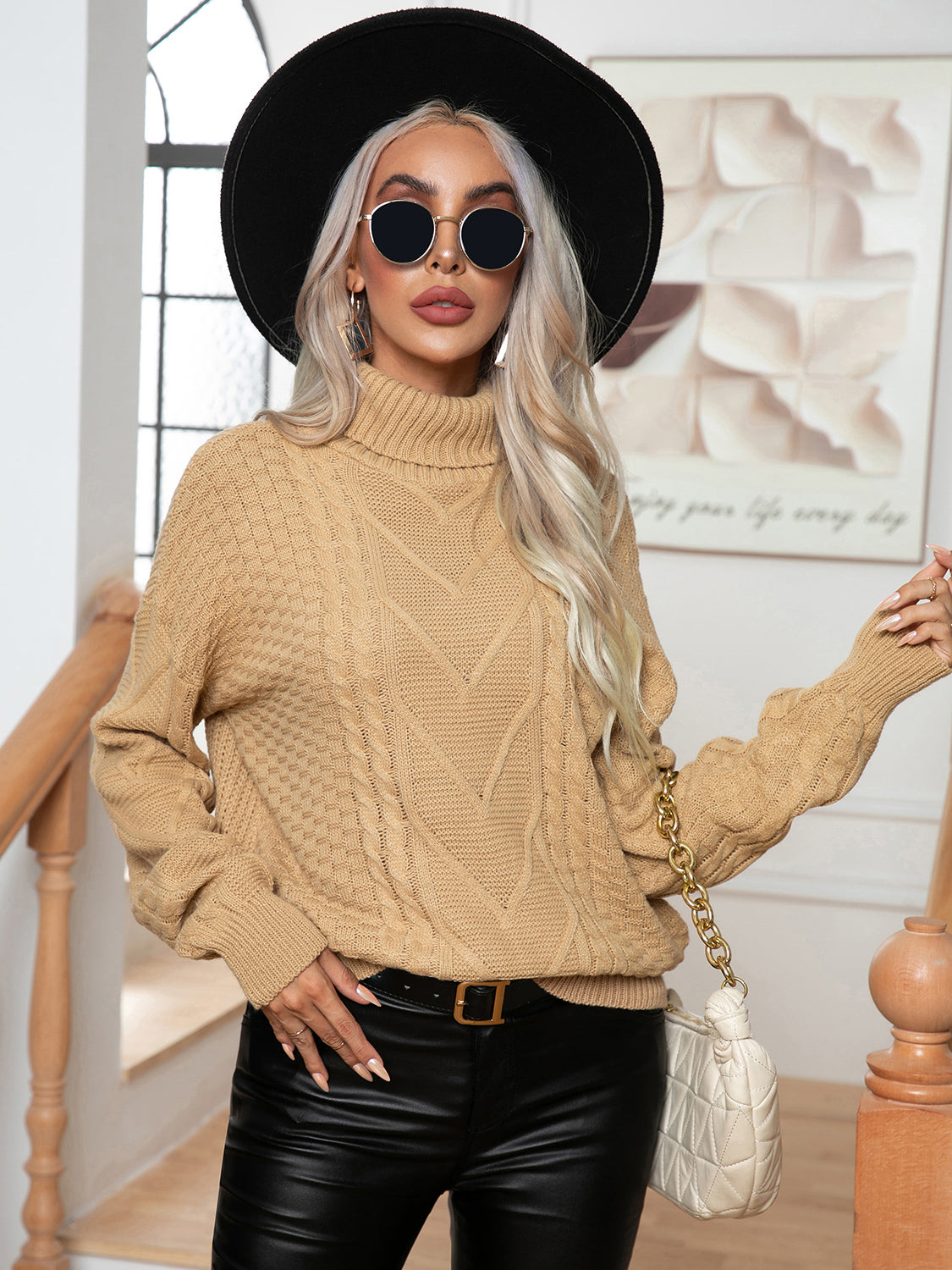 Turtleneck Cable-Knit Long Sleeve Sweater - The Goddess Galleries