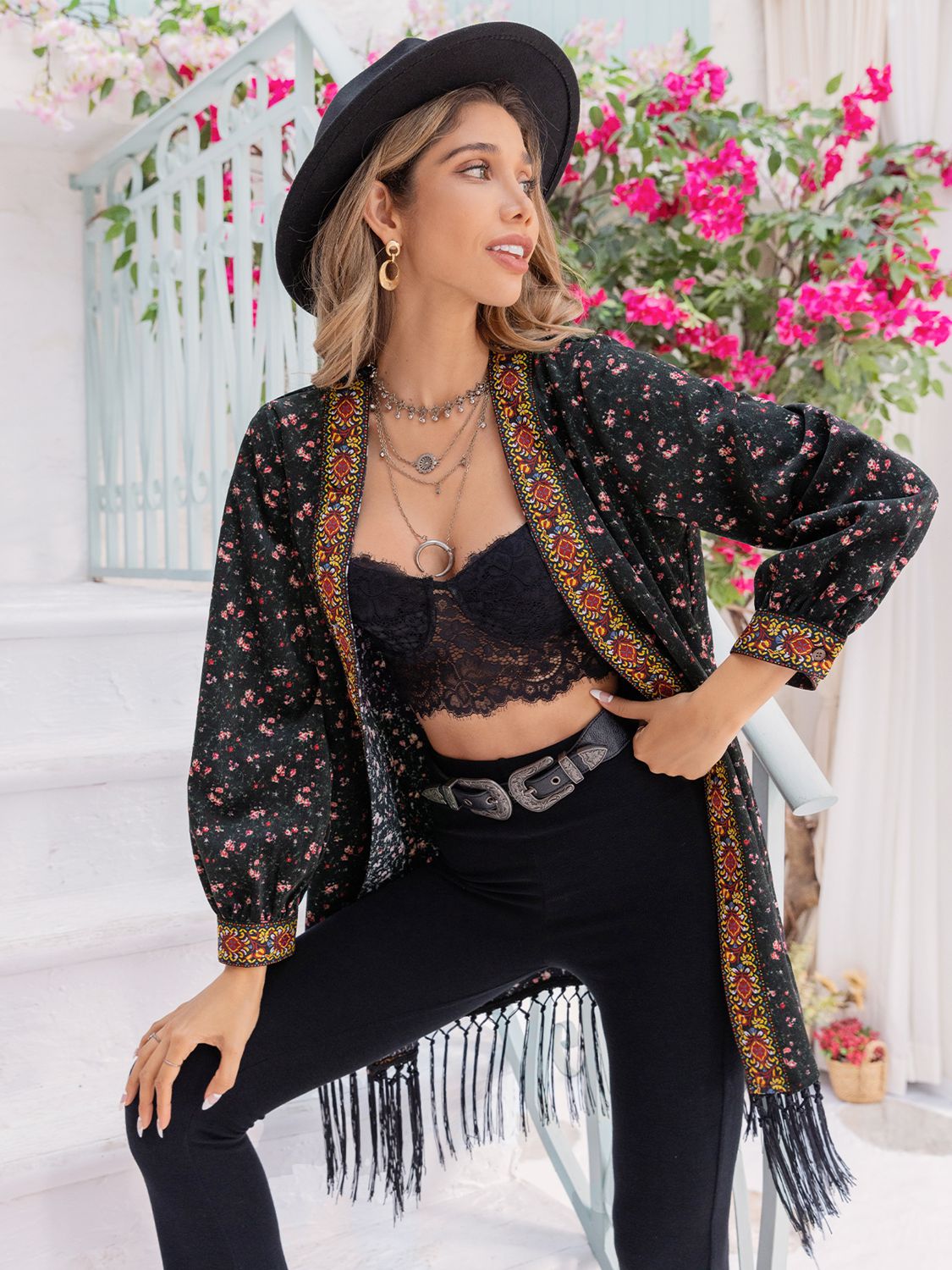 Printed Fringe Detail Cardigan - The Goddess Galleries