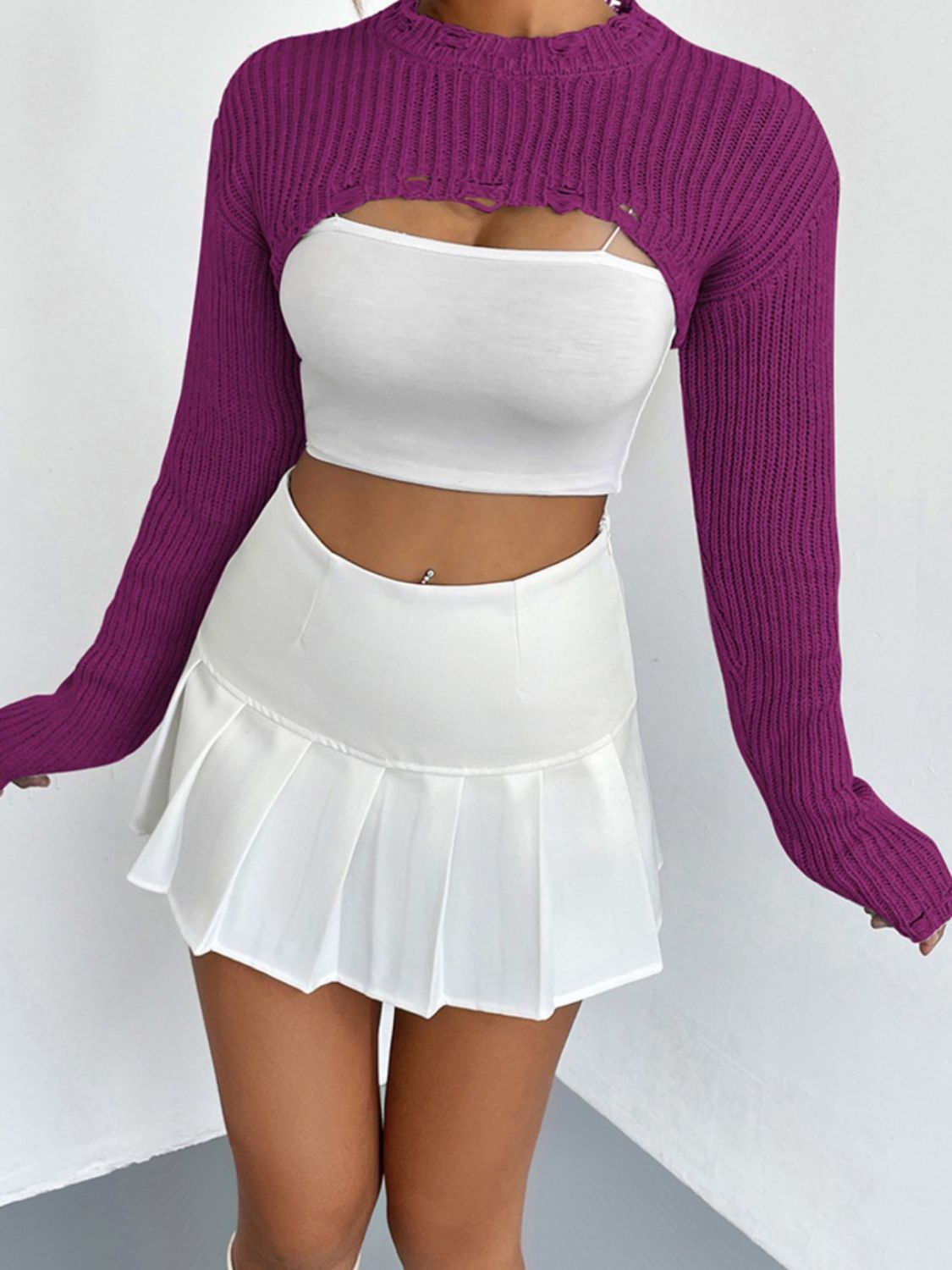 Distressed Long Sleeve Cropped Sweater - The Goddess Galleries