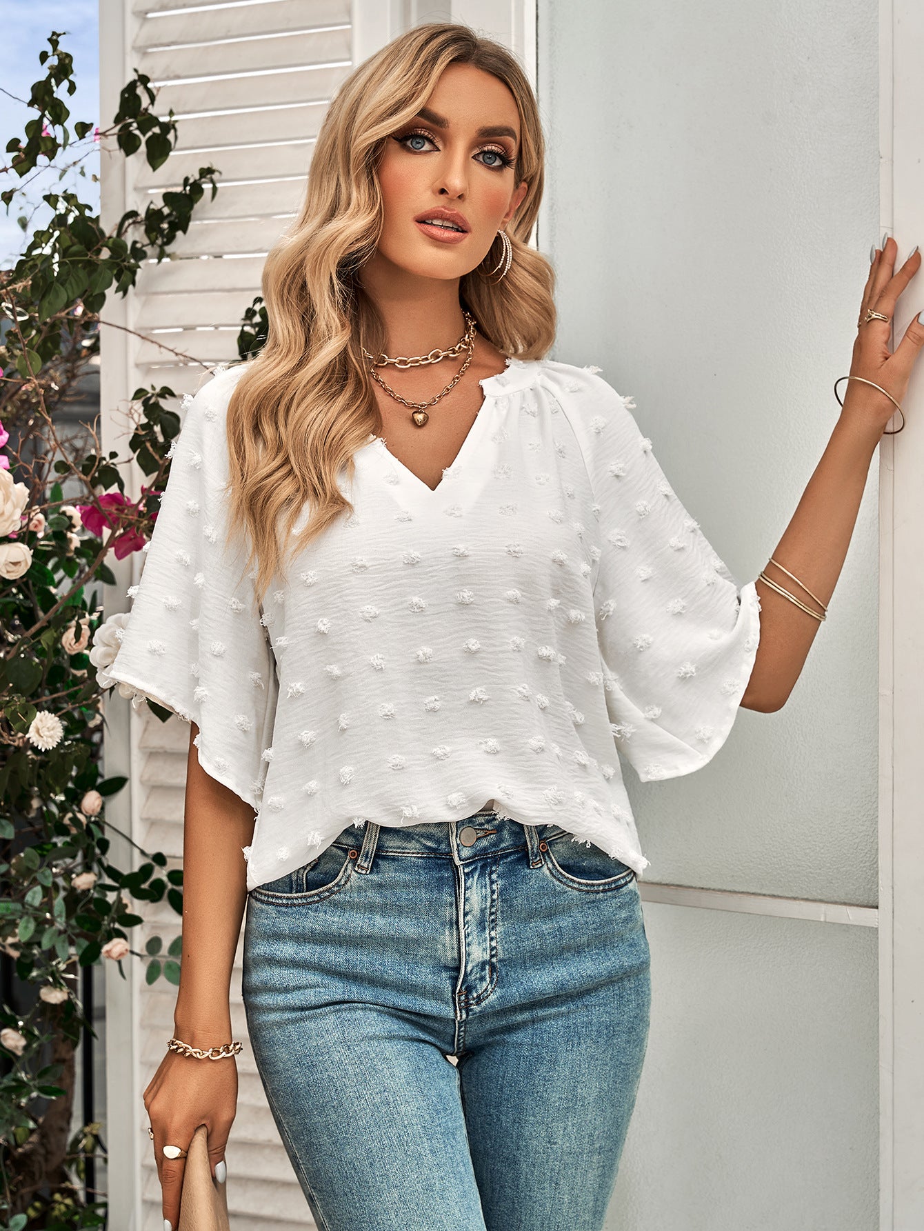Swiss Dot Notched Neck Flare Sleeve Blouse - The Goddess Galleries