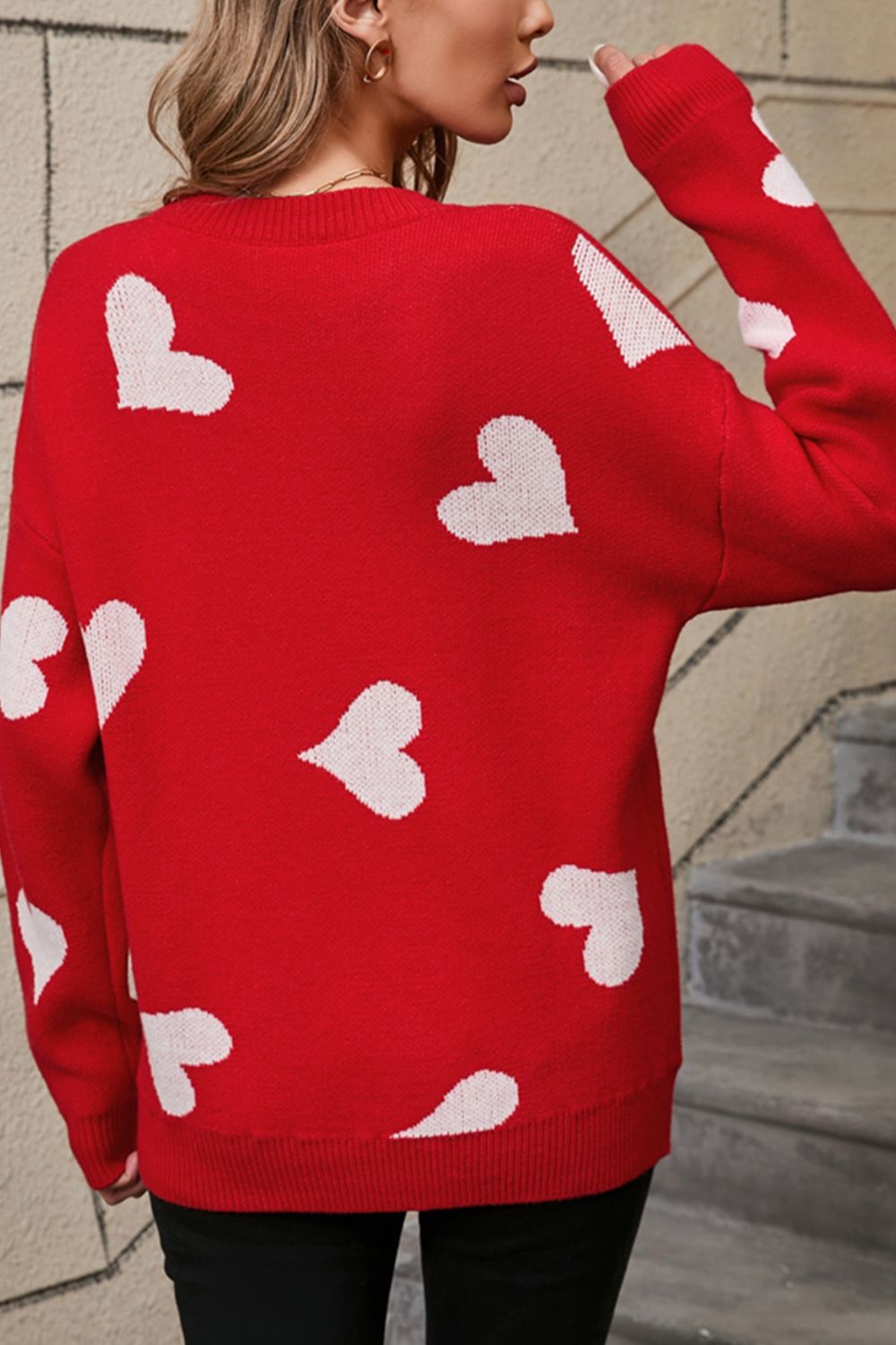 Angel Wings Heart Round Neck Dropped Shoulder Sweater - The Goddess Galleries