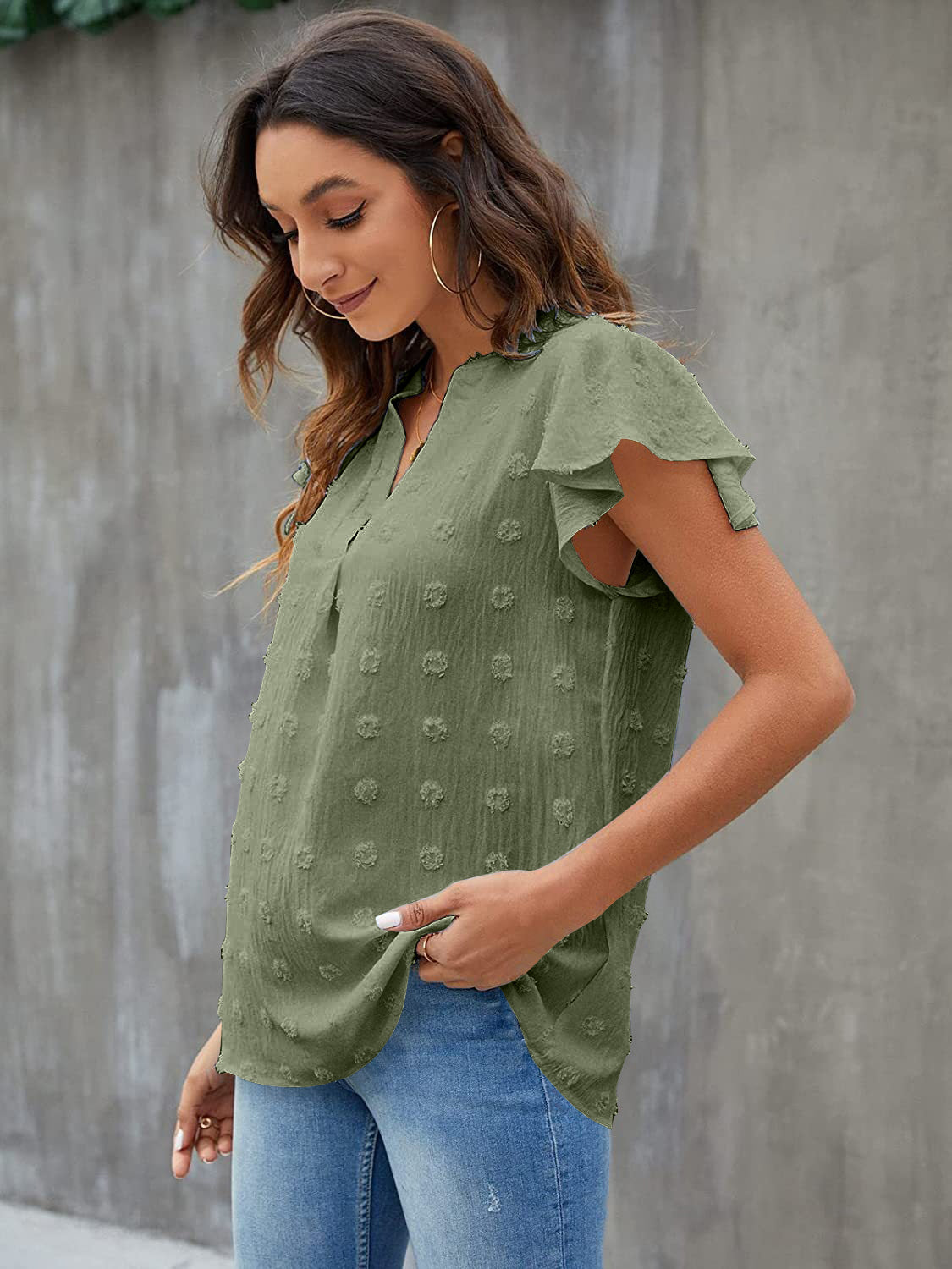 Swiss Dot Notched Flutter Sleeve Blouse - The Goddess Galleries