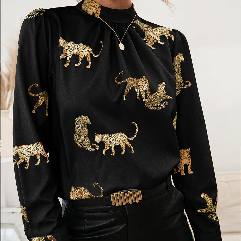 Ivy Lane Leopard Graphic Mock Neck Puff Sleeve Blouse - The Goddess Galleries