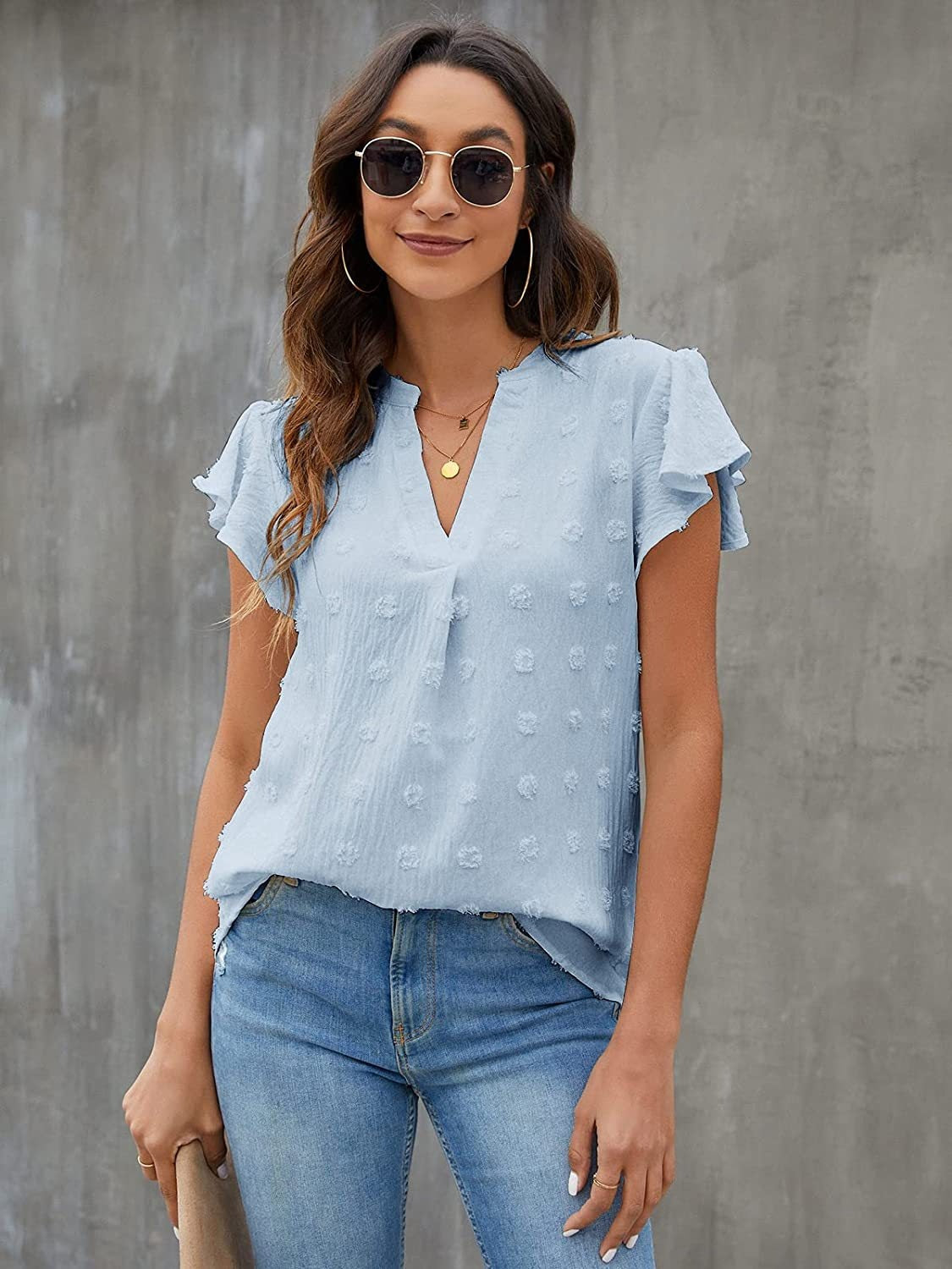 Swiss Dot Notched Flutter Sleeve Blouse - The Goddess Galleries