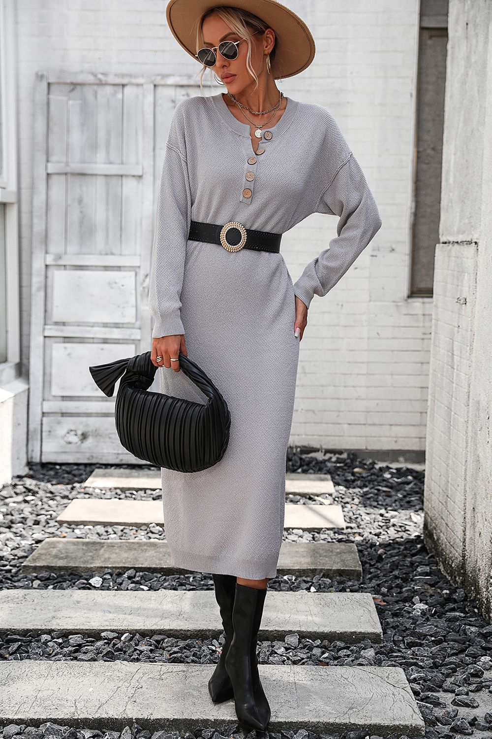 Decorative Button Notched Dropped Shoulder Sweater Dress - The Goddess Galleries