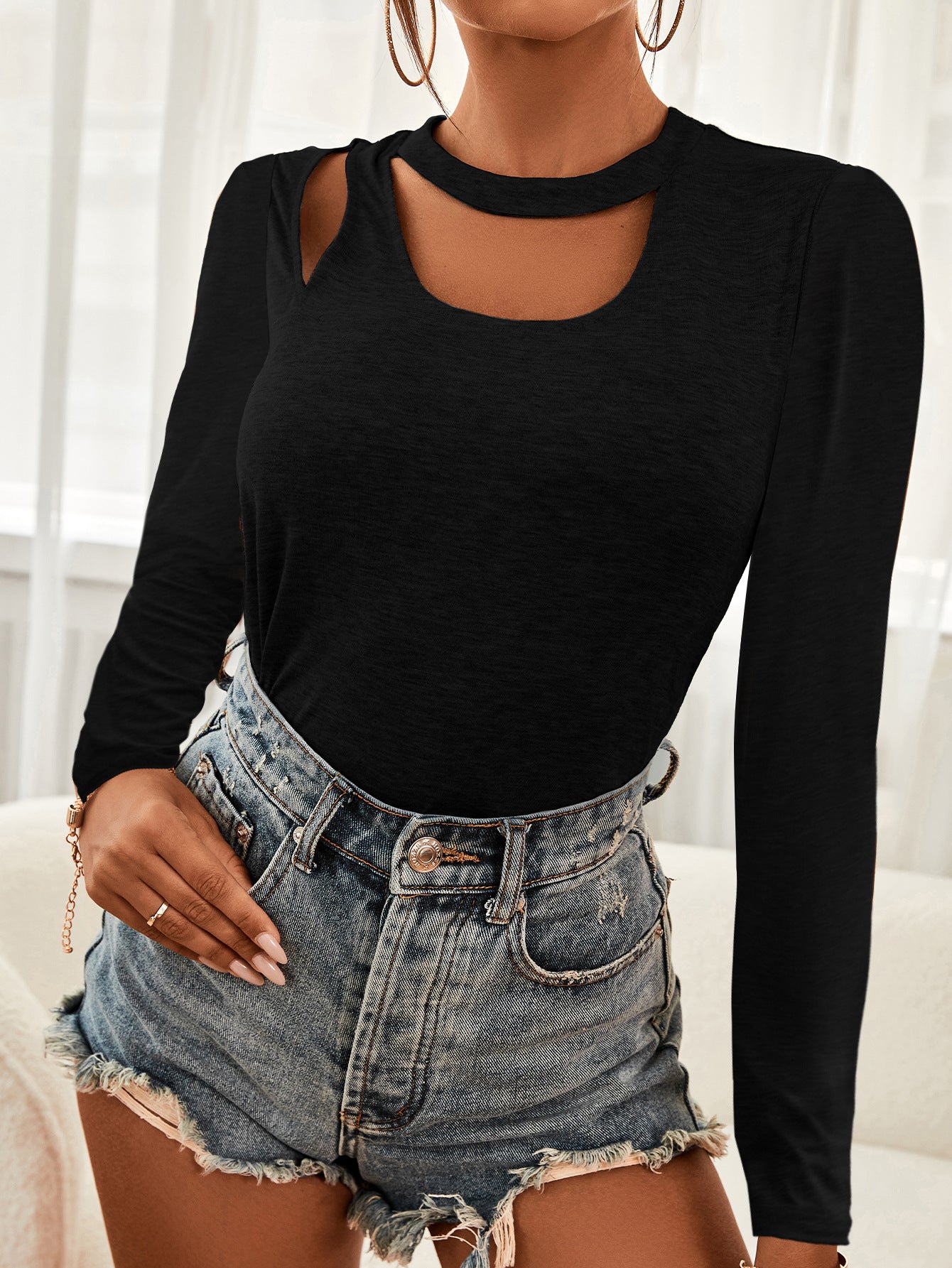 Cutout Long Sleeve Round Neck Top - The Goddess Galleries