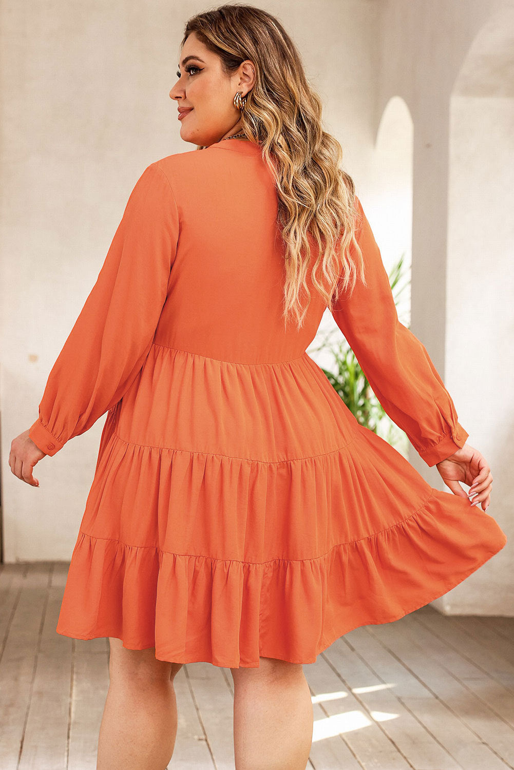 Plus Size Notched Neck Printed Long Sleeve Mini Dress - The Goddess Galleries