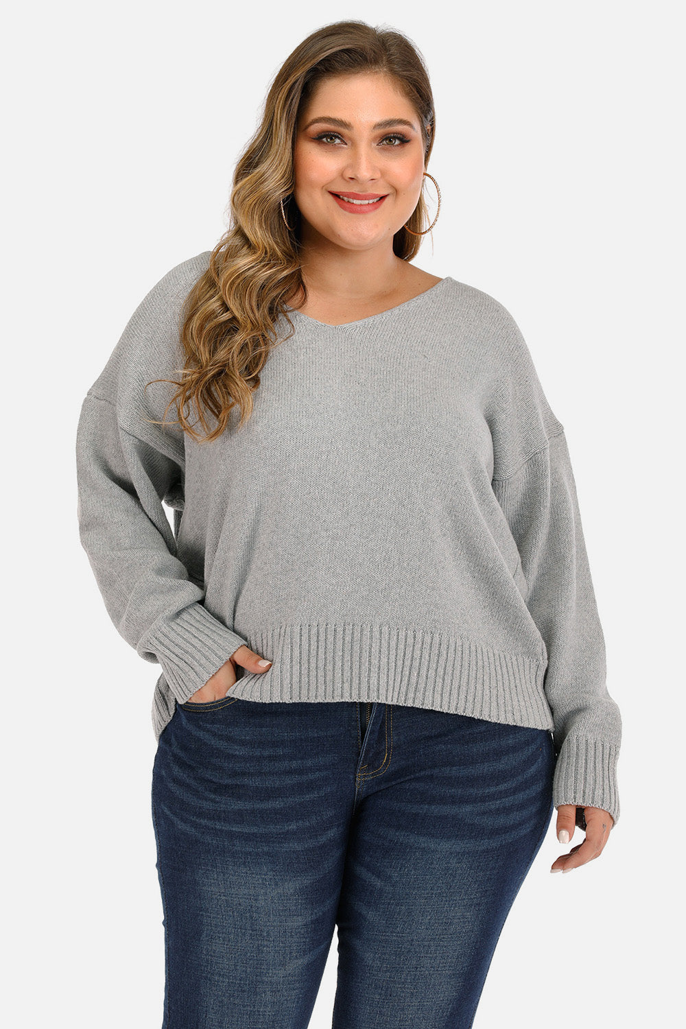 Plus Size V Neck Pullover Sweater - The Goddess Galleries
