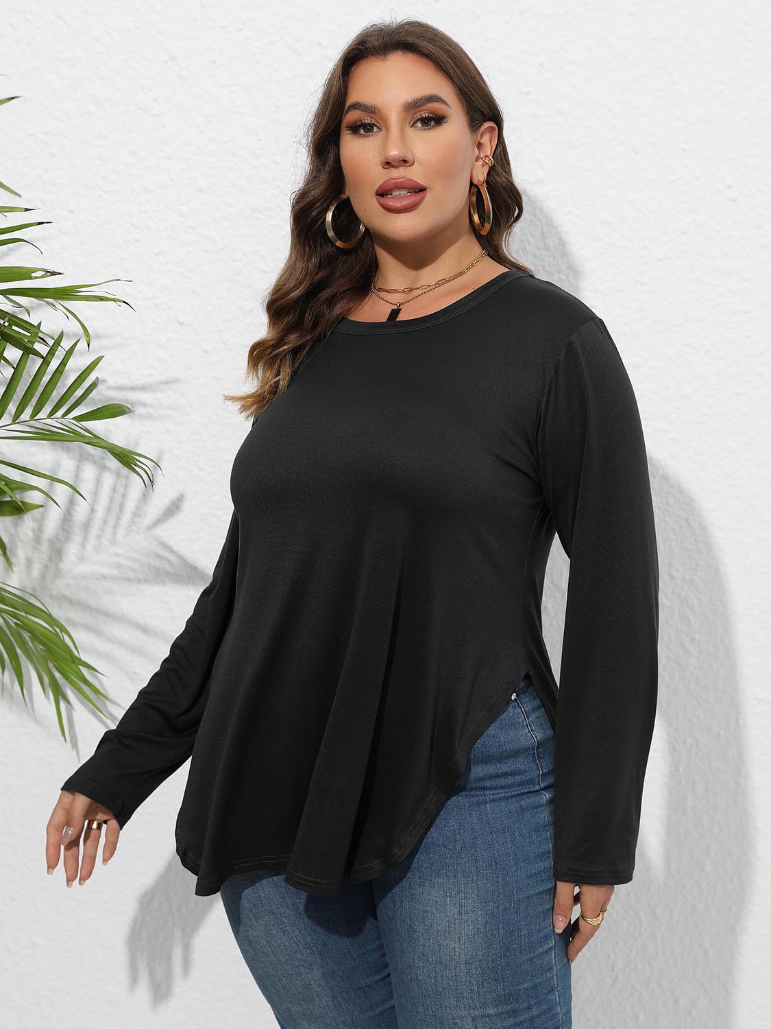 Plus Size Round Neck Long Sleeve Slit T-Shirt - The Goddess Galleries