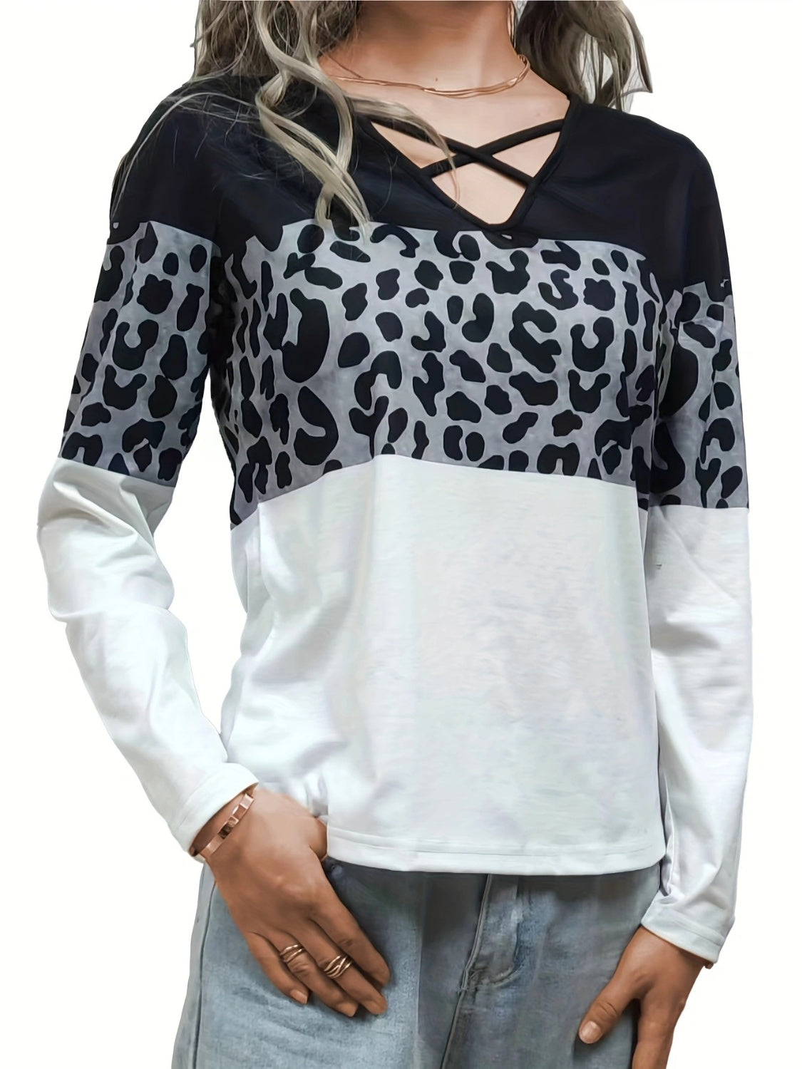 Crisscross Color Block Long Sleeve T-Shirt - The Goddess Galleries